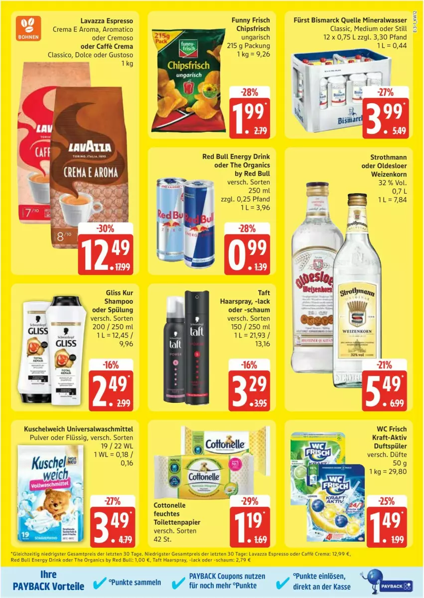 Aktueller Prospekt Edeka - Prospekte - von 17.03 bis 22.03.2025 - strona 3 - produkty: Alwa, bismarck, chips, chipsfrisch, classico, cottonelle, coupon, coupons, drink, eis, elle, energy drink, espresso, espresso oder, feuchtes toilettenpapier, Funny Frisch, gliss, gliss kur, haarspray, korn, kraft, Kuschelweich, lack, lavazza, mineralwasser, Mineralwasser Classic, oldesloer, papier, payback, red bull, reis, shampoo, shampoo oder spülung, spülung, Taft, tesa, Ti, toilettenpapier, waschmittel, wasser, wc frisch, weizenkorn, ZTE