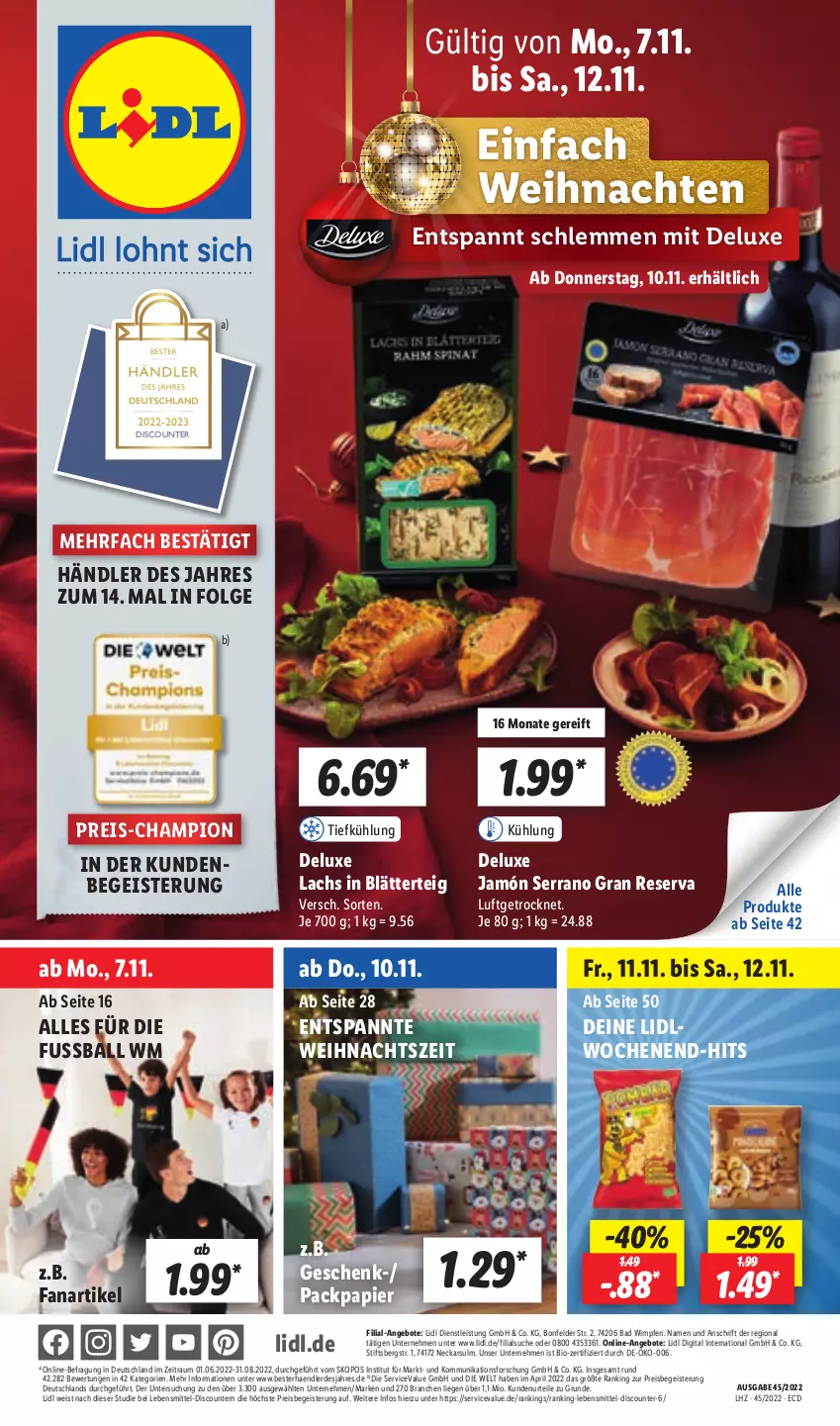 Aktueller Prospekt Lidl - Aktionsprospekt - von 07.11 bis 12.11.2022 - strona 1 - produkty: angebot, angebote, Bad, ball, bio, blätterteig, champion, discount, eis, erde, Fanartikel, jamón serrano, lachs, lebensmittel, LG, Liege, Packpapier, papier, pril, reis, serrano, Ti, weihnachten