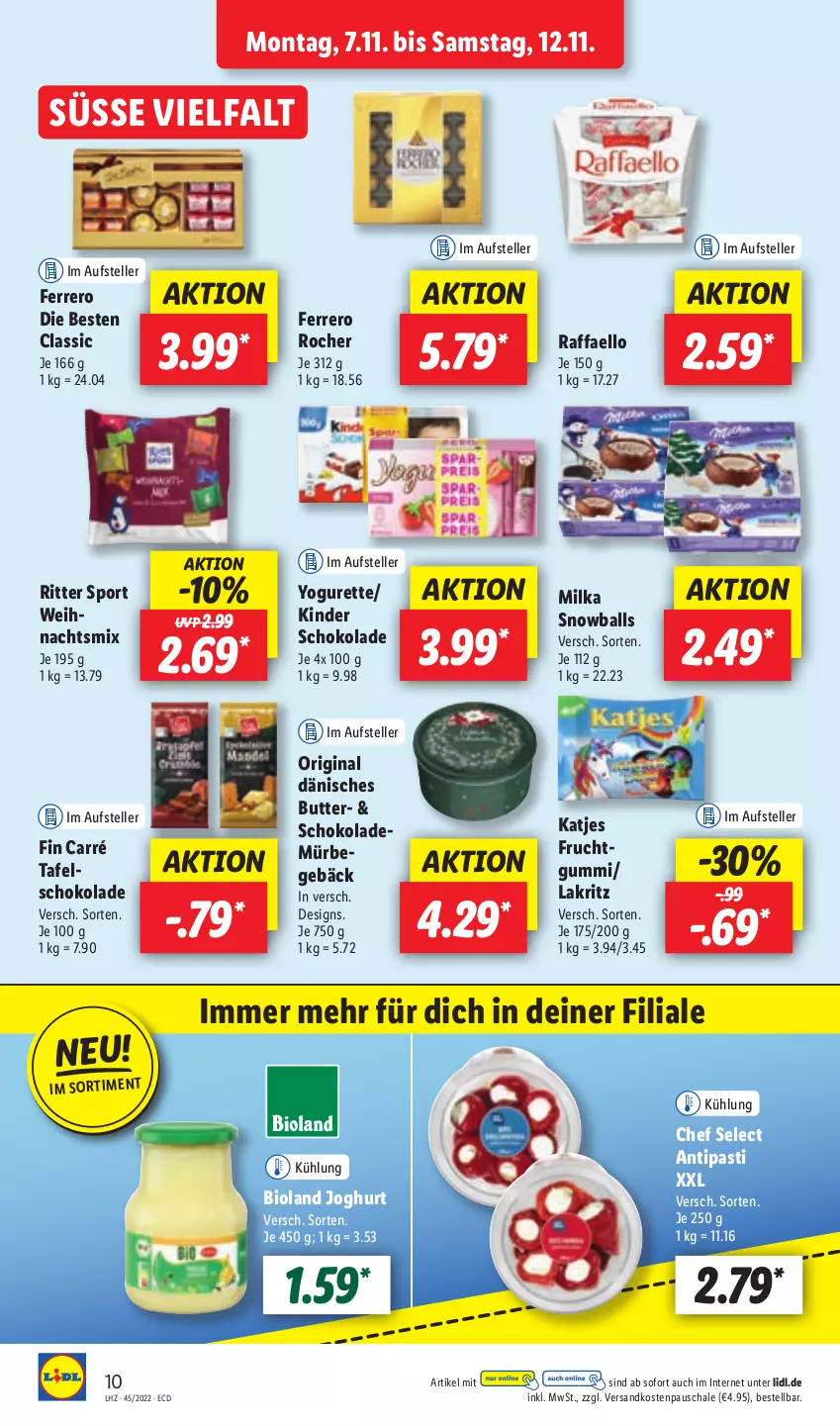 Aktueller Prospekt Lidl - Aktionsprospekt - von 07.11 bis 12.11.2022 - strona 10 - produkty: antipasti, asti, ball, bio, bioland, butter, elle, ferrero, Ferrero Rocher, frucht, gin, joghur, joghurt, katjes, Kinder, kinder schokolade, Lakritz, milka, ndk, raffaello, ritter, ritter sport, Schal, Schale, schoko, schokolade, Sport, teller, Ti, Yo, yogurette