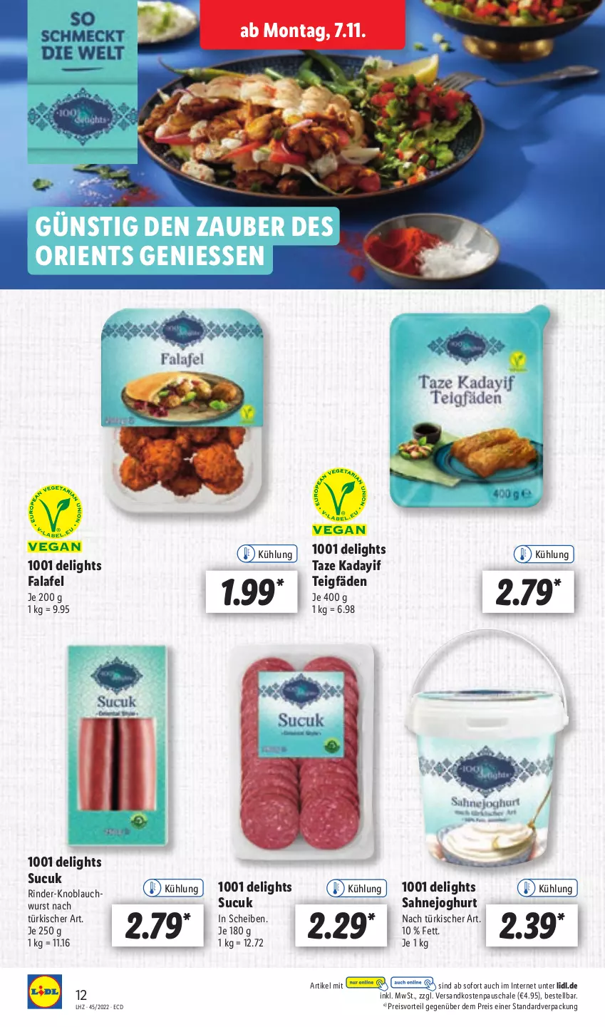 Aktueller Prospekt Lidl - Aktionsprospekt - von 07.11 bis 12.11.2022 - strona 12 - produkty: eis, Falafel, joghur, joghurt, joghurt nach, knoblauch, ndk, preisvorteil, reis, rind, rinder, sahne, Sahnejoghurt, Schal, Schale, Sucuk, Ti, wurst