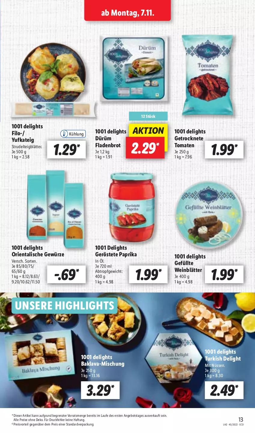 Aktueller Prospekt Lidl - Aktionsprospekt - von 07.11 bis 12.11.2022 - strona 13 - produkty: angebot, Baklava, brot, eis, Fladenbrot, Getrocknete Tomaten, gewürz, paprika, preisvorteil, reis, Strudel, Ti, tomate, tomaten, wein, ZTE