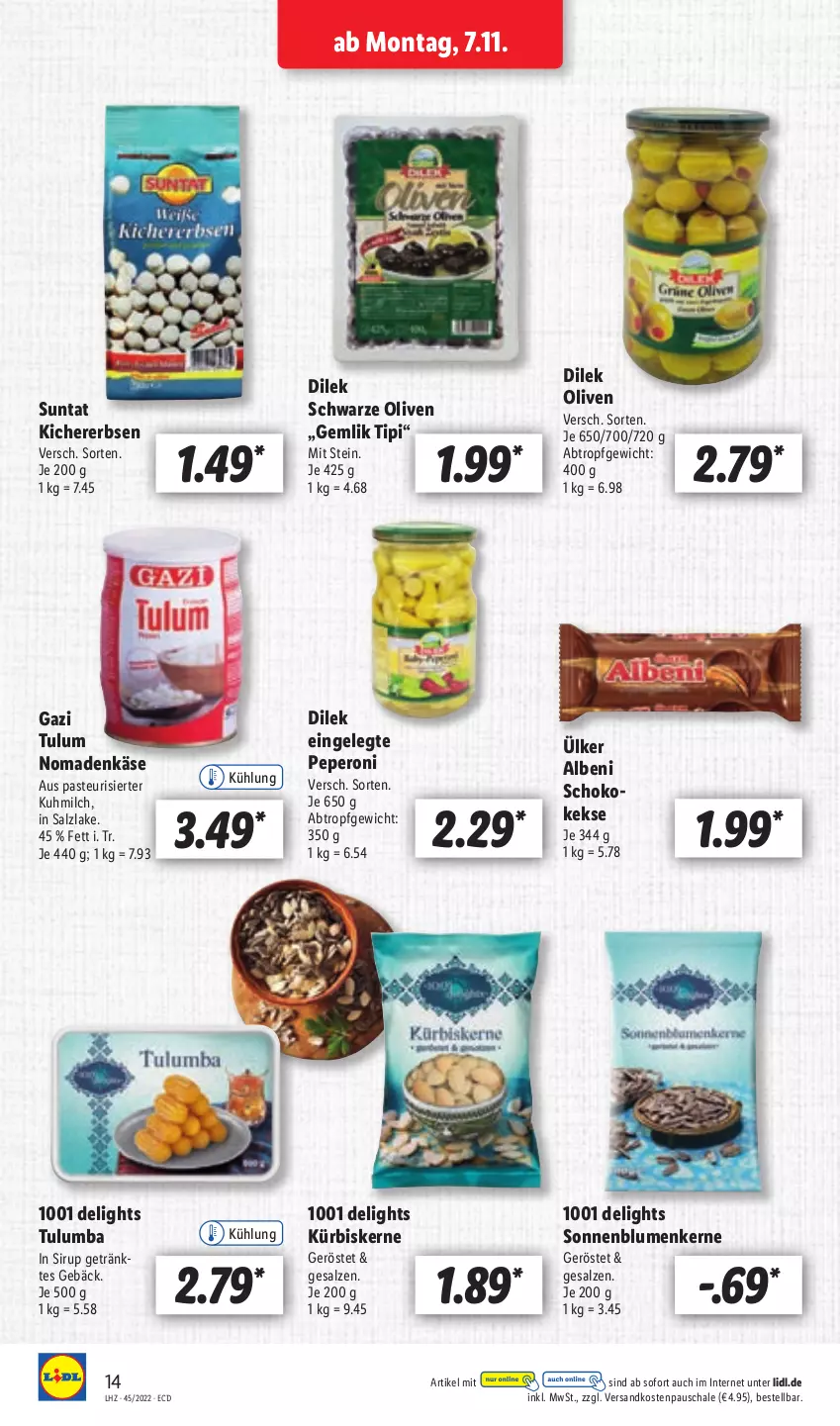 Aktueller Prospekt Lidl - Aktionsprospekt - von 07.11 bis 12.11.2022 - strona 14 - produkty: blume, blumen, erbsen, getränk, Käse, keks, kekse, kichererbsen, Kürbis, kürbiskerne, milch, ndk, olive, oliven, peperoni, Peroni, salz, Schal, Schale, schoko, sirup, sonnenblume, sonnenblumen, Sonnenblumenkerne, Ti, Tipi, Tulum