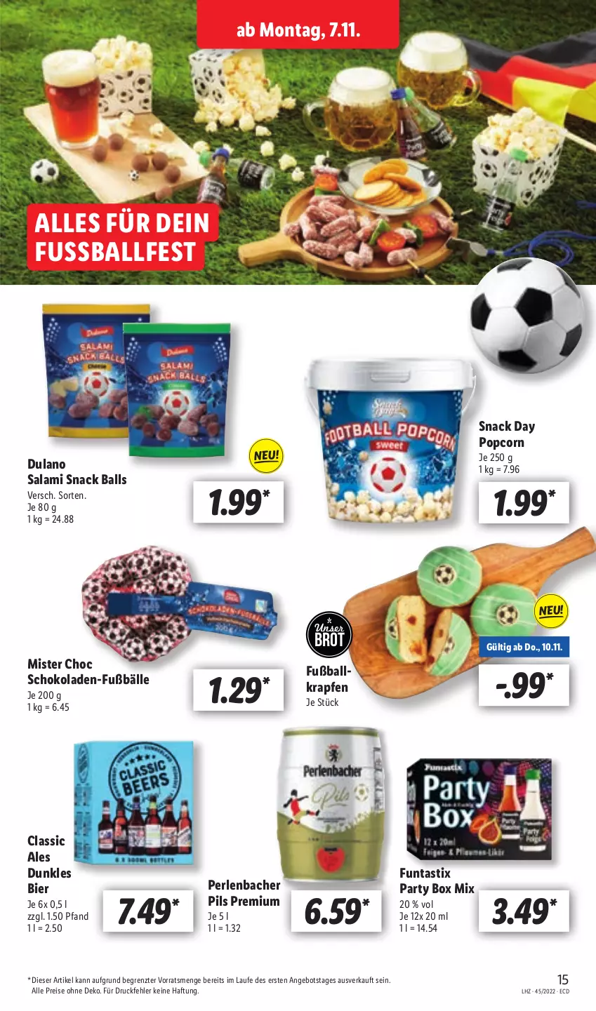 Aktueller Prospekt Lidl - Aktionsprospekt - von 07.11 bis 12.11.2022 - strona 15 - produkty: angebot, asti, ball, bier, brot, dulano, eis, Fußball, perlen, pils, popcorn, reis, salami, schoko, schokolade, schokoladen, snack, Ti, ZTE