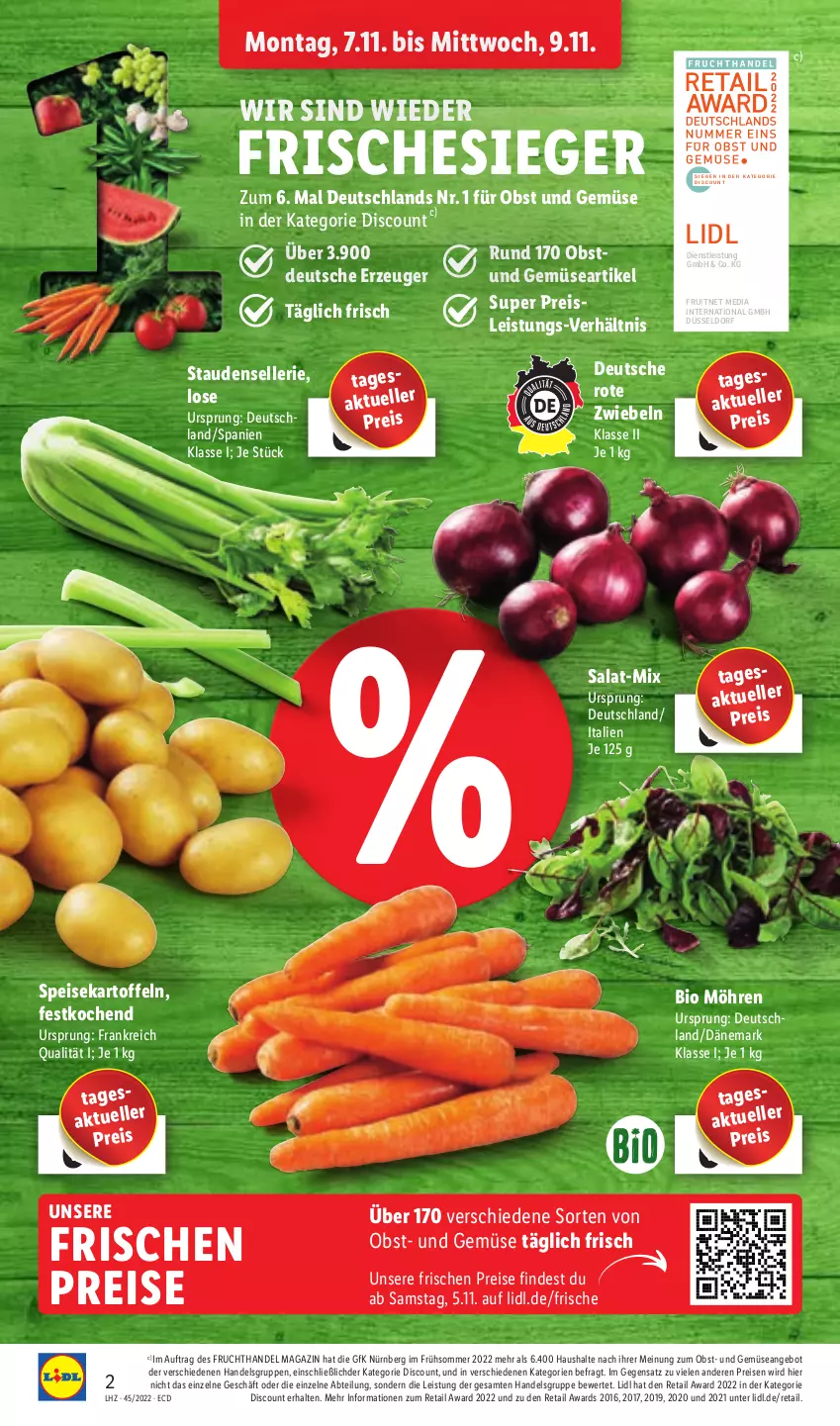 Aktueller Prospekt Lidl - Aktionsprospekt - von 07.11 bis 12.11.2022 - strona 2 - produkty: Abtei, angebot, bio, discount, eis, elle, ente, frucht, kartoffel, kartoffeln, magazin, möhren, obst, Obst und Gemüse, reis, Rote Zwiebel, salat, speisekartoffeln, stauden, Ti, und gemüse, zwiebel, zwiebeln