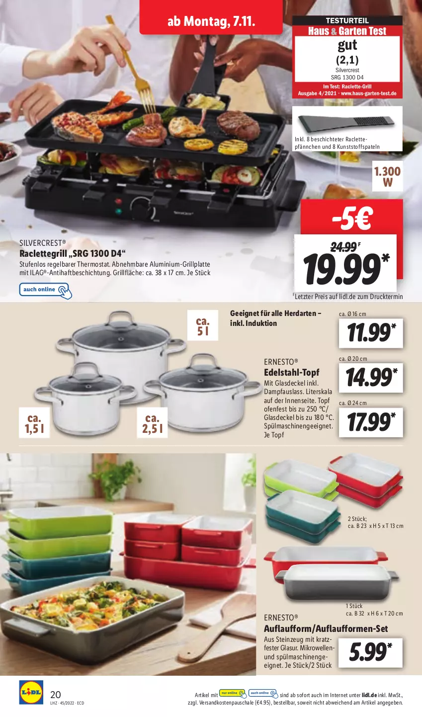 Aktueller Prospekt Lidl - Aktionsprospekt - von 07.11 bis 12.11.2022 - strona 20 - produkty: decke, Deckel, edelstahl, eis, elle, ernesto, Glasdeckel, grill, grillfläche, grillplatte, herdarten, ilag, latte, mikrowelle, ndk, Ofen, Pfau, Raclettegrill, reis, Schal, Schale, silvercrest, spülmaschinen, thermostat, Ti, topf, ZTE