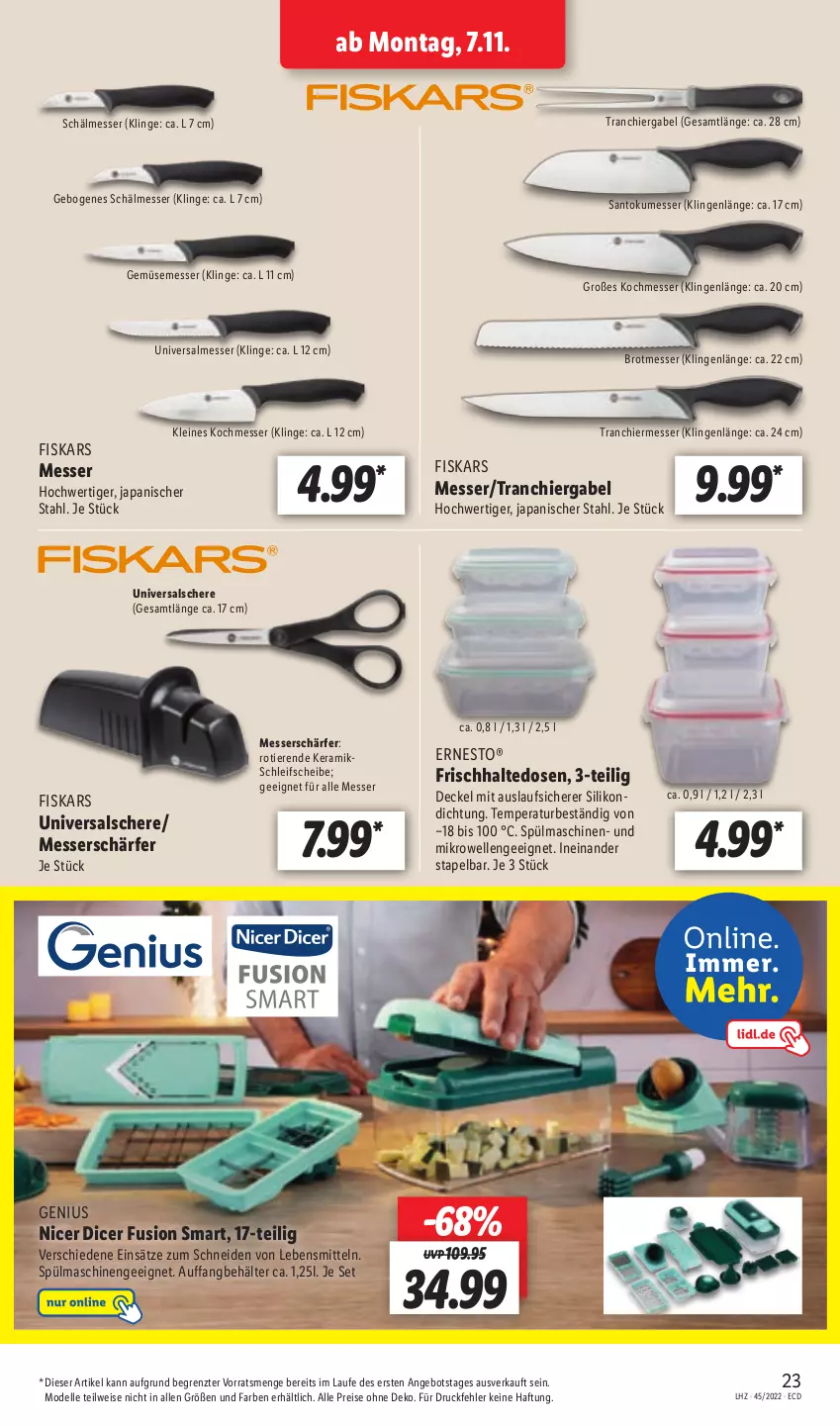 Aktueller Prospekt Lidl - Aktionsprospekt - von 07.11 bis 12.11.2022 - strona 23 - produkty: angebot, Behälter, brot, decke, Deckel, dell, eis, elle, ernesto, fiskars, frischhaltedosen, gabel, lebensmittel, leine, messer, mikrowelle, Mode, reis, Schere, spülmaschinen, Ti, Tiere, ZTE