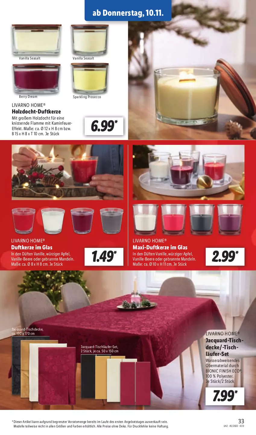 Aktueller Prospekt Lidl - Aktionsprospekt - von 07.11 bis 12.11.2022 - strona 33 - produkty: angebot, apfel, beere, bio, decke, dell, Duftkerze, ecco, eis, elle, Finish, Holz, Kamin, kerze, lamm, Läufer, mandel, mandeln, Mode, prosecco, reis, Ria, Ti, tisch, tischdecke, tischläufer, vanille, wasser, ZTE