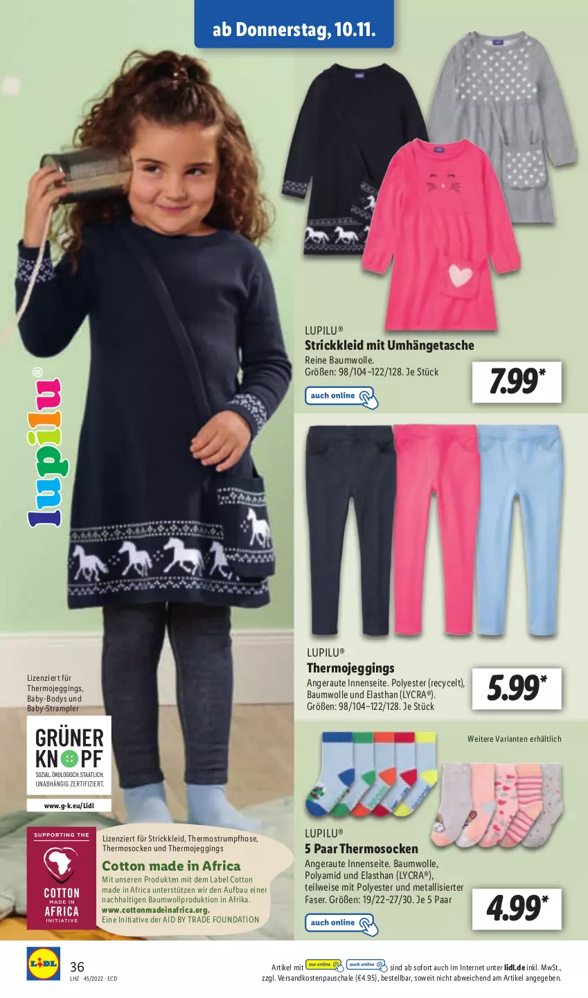 Aktueller Prospekt Lidl - Aktionsprospekt - von 07.11 bis 12.11.2022 - strona 36 - produkty: Bau, baumwolle, body, eis, gin, hose, kleid, lupilu, ndk, reine baumwolle, Ria, rum, Schal, Schale, socken, Strampler, Strickkleid, Strumpfhose, Tasche, Thermostrumpfhose, Ti, umhängetasche, wolle