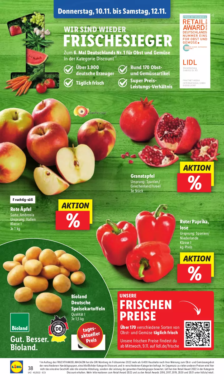 Aktueller Prospekt Lidl - Aktionsprospekt - von 07.11 bis 12.11.2022 - strona 38 - produkty: Abtei, angebot, apfel, bio, bioland, discount, eis, elle, ente, frucht, grana, granatapfel, kartoffel, kartoffeln, magazin, obst, Obst und Gemüse, paprika, Rana, reis, speisekartoffeln, Ti, und gemüse