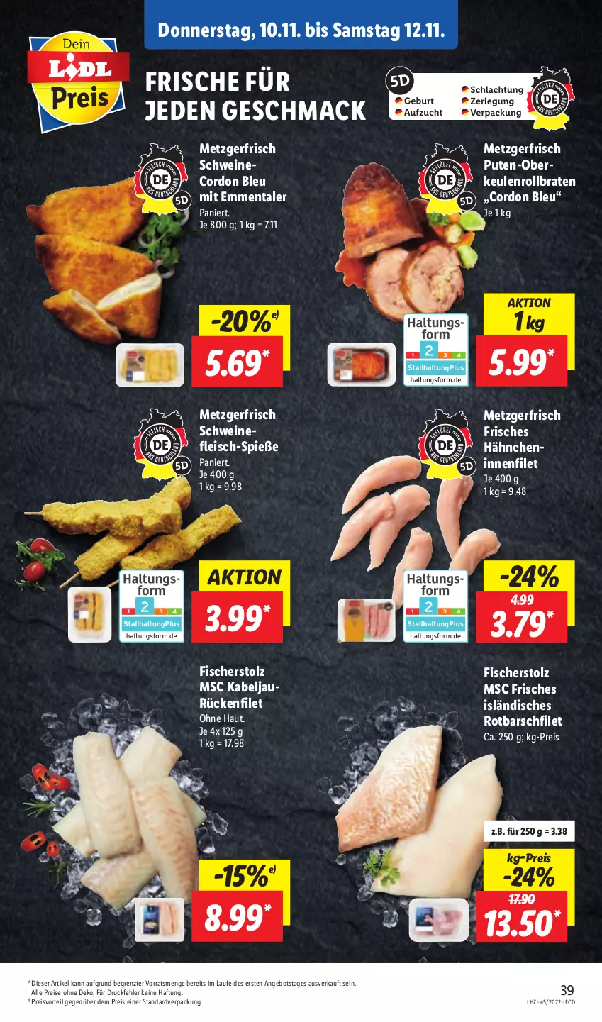 Aktueller Prospekt Lidl - Aktionsprospekt - von 07.11 bis 12.11.2022 - strona 39 - produkty: angebot, braten, cordon bleu, eis, emmentaler, filet, fisch, fische, Fischer, fleisch, mac, preisvorteil, pute, reis, rollbraten, Rotbarsch, rotbarschfilet, schwein, schweine, Ti, wein, weine, ZTE