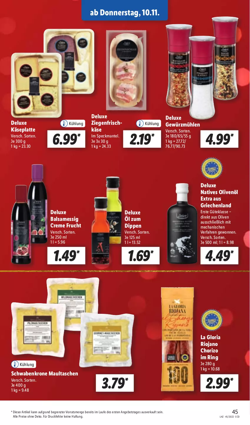 Aktueller Prospekt Lidl - Aktionsprospekt - von 07.11 bis 12.11.2022 - strona 45 - produkty: angebot, balsam, chorizo, creme, dip, eis, essig, frischkäse, frucht, gewürz, Gewürzmühle, Käse, krone, latte, Mantel, maultaschen, natives olivenöl, olive, oliven, olivenöl, olivenöl extra, reis, Ria, ring, rioja, Speck, Tasche, taschen, Ti, ziegenfrischkäse, ZTE