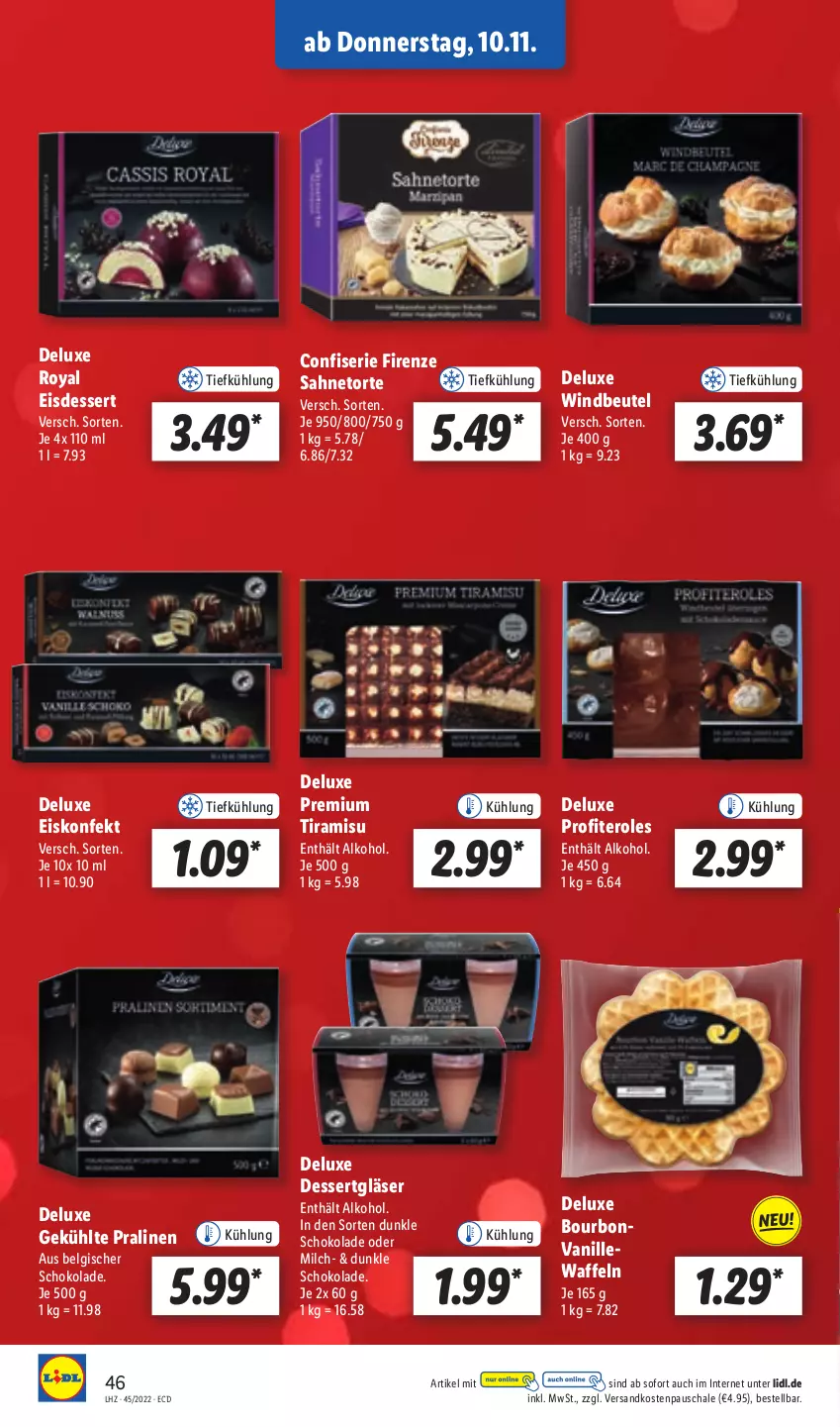 Aktueller Prospekt Lidl - Aktionsprospekt - von 07.11 bis 12.11.2022 - strona 46 - produkty: alkohol, beutel, bourbon, bourbonvanille, dessert, eis, eiskonfekt, Gläser, LG, milch, ndk, pralinen, Profiteroles, sahne, Schal, Schale, schoko, schokolade, Ti, tiramisu, torte, vanille, waffeln, Windbeutel