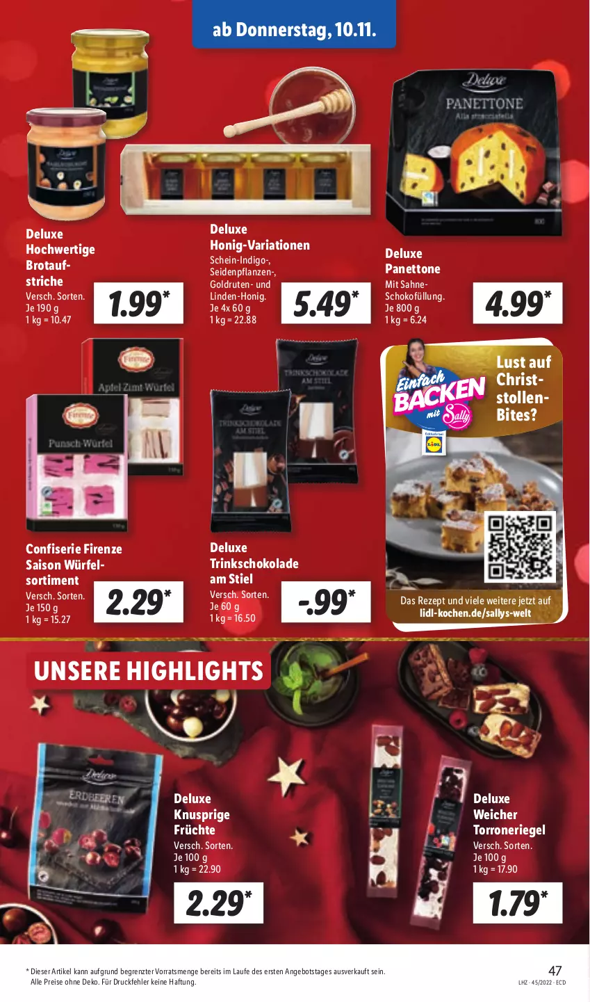 Aktueller Prospekt Lidl - Aktionsprospekt - von 07.11 bis 12.11.2022 - strona 47 - produkty: angebot, bites, brot, eis, früchte, honig, reis, rezept, Ria, riegel, sahne, schoko, schokolade, Stollen, Ti, würfel, ZTE