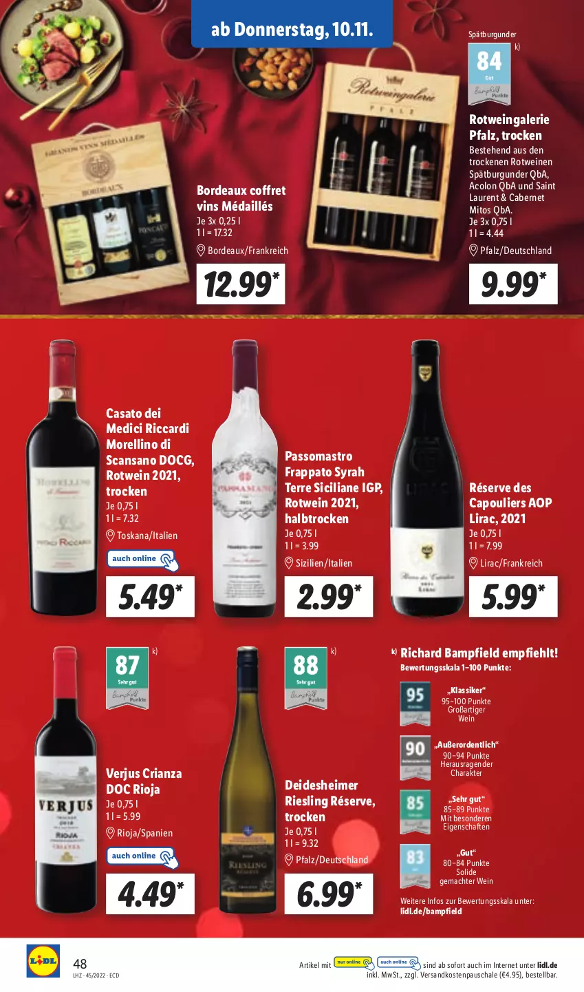 Aktueller Prospekt Lidl - Aktionsprospekt - von 07.11 bis 12.11.2022 - strona 48 - produkty: burgunder, cabernet, Cap, eimer, mac, Morelli, ndk, passo, rel, Ria, riesling, rioja, rotwein, Schal, Schale, spätburgunder, Ti, wein, weine