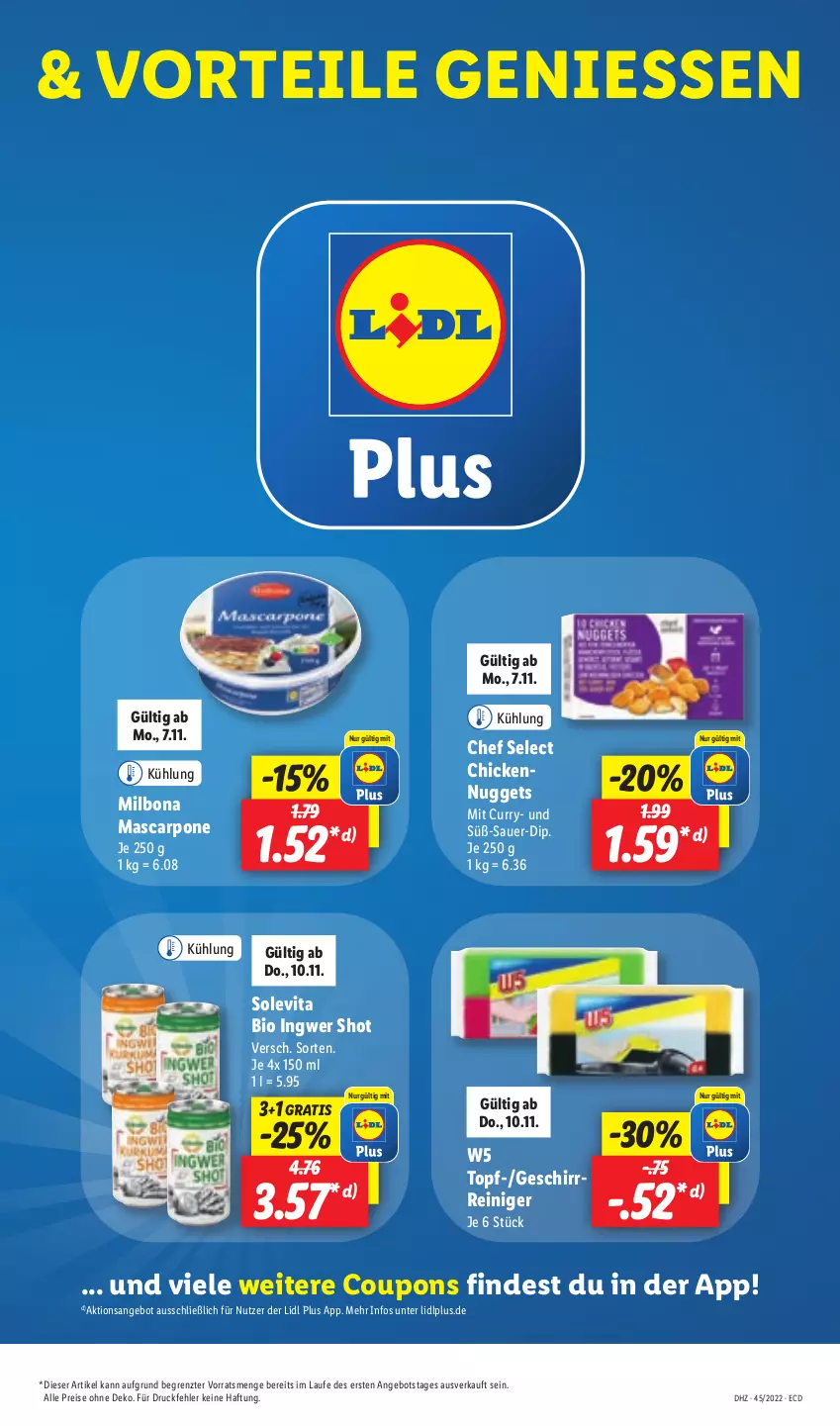 Aktueller Prospekt Lidl - Aktionsprospekt - von 07.11 bis 12.11.2022 - strona 51 - produkty: angebot, auer, bio, Bona, coupon, coupons, curry, dip, eis, geschirr, ingwer, mascarpone, Milbona, nuggets, reiniger, reis, Ti, topf, vita, ZTE