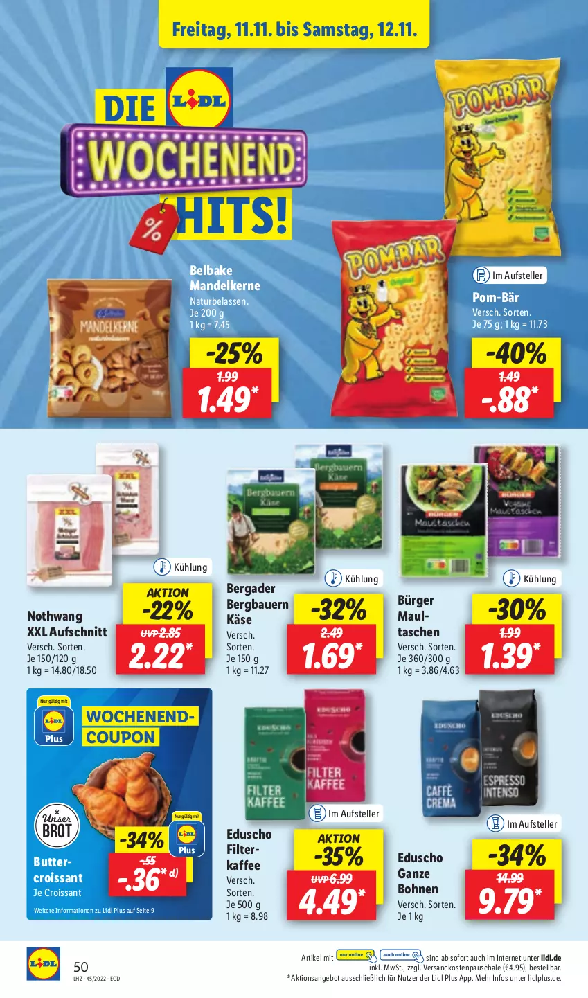 Aktueller Prospekt Lidl - Aktionsprospekt - von 07.11 bis 12.11.2022 - strona 52 - produkty: angebot, auer, aufschnitt, Bau, Bauer, bergader, bohne, bohnen, brot, butter, coupon, Croissant, eduscho, elle, kaffee, Käse, mandel, natur, ndk, Schal, Schale, Tasche, taschen, teller, Ti