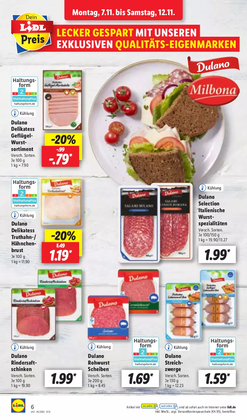 Aktueller Prospekt Lidl - Aktionsprospekt - von 07.11 bis 12.11.2022 - strona 6 - produkty: dulano, Geflügel, hähnchenbrust, ndk, rind, rinder, Rohwurst, saft, saftschinken, Schal, Schale, schinken, Spezi, Ti, truthahn, wurst