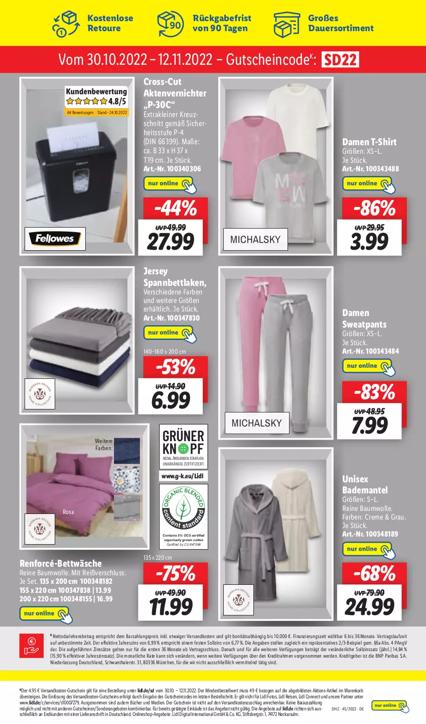 Aktueller Prospekt Lidl - Aktionsprospekt - von 07.11 bis 12.11.2022 - strona 61 - produkty: Aktenvernichter, angebot, angebote, auer, Bad, Bademantel, Bau, baumwolle, bett, bettwäsche, creme, damen t-shirt, eis, elle, erde, gutschein, gutscheine, jersey spannbettlaken, korb, leine, LG, Mantel, ndk, Pants, reine baumwolle, reis, renforcé-bettwäsche, shirt, spannbettlaken, T-Shirt, Ti, wolle, ZTE