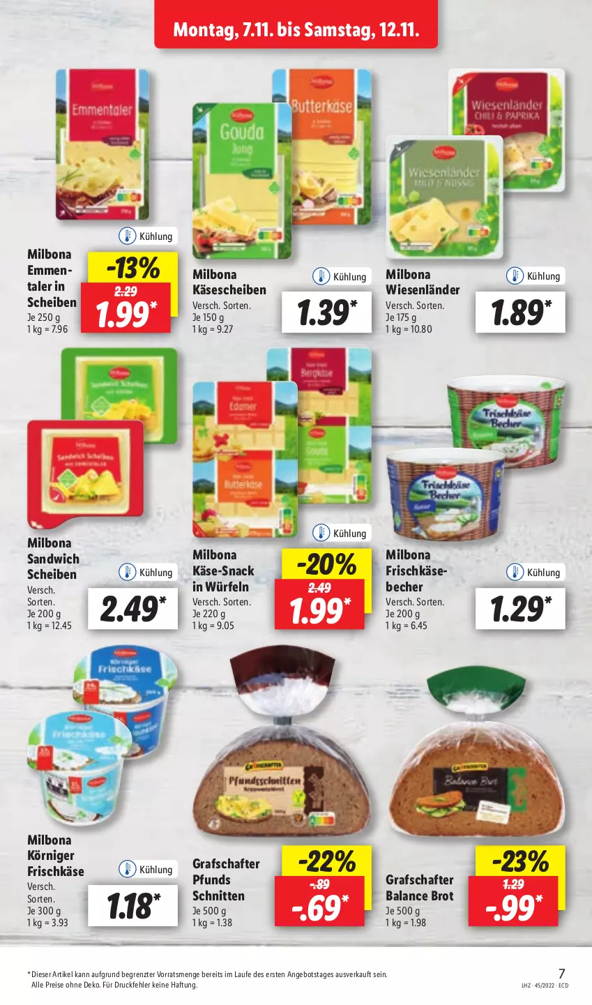 Aktueller Prospekt Lidl - Aktionsprospekt - von 07.11 bis 12.11.2022 - strona 7 - produkty: angebot, Becher, Bona, brot, eis, emmentaler, frischkäse, grafschafter, Käse, käsescheiben, Körniger Frischkäse, Milbona, reis, sandwich, schnitten, snack, Ti, würfel, ZTE