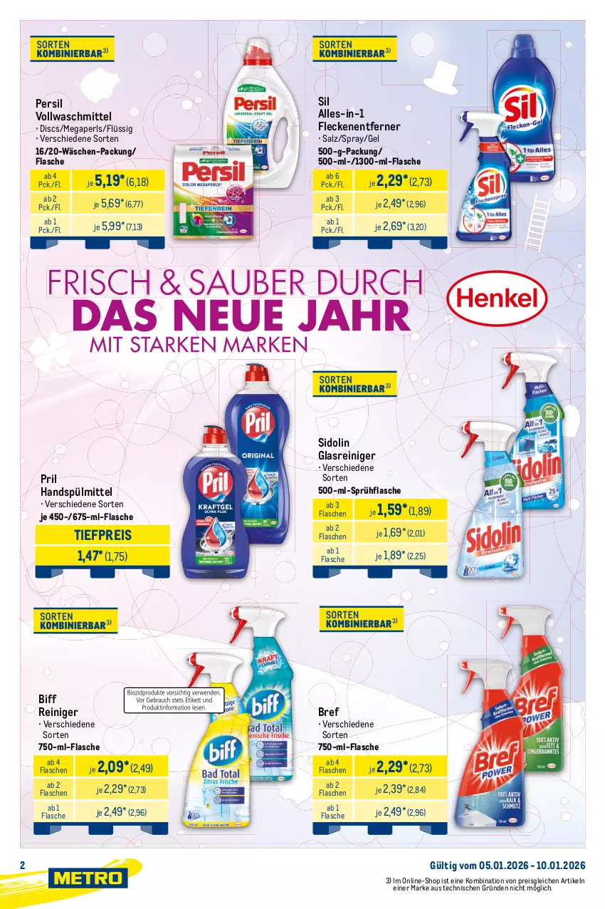 Aktueller Prospekt Metro - Starke Marken - von 05.01 bis 10.01.2026 - strona 2 - produkty: allzweckreiniger, angebot, biff, Bref, eis, Finish, flasche, Fleckenentferner, geschirr, geschirrspülmittel, Glasreiniger, megaperls, persil, pril, reiniger, reis, sagrotan, salz, sidolin, Spezi, sprühflasche, spülmittel, Ti, tiefpreis, vanish, vollwaschmittel, waschmittel, wc-reiniger, weck
