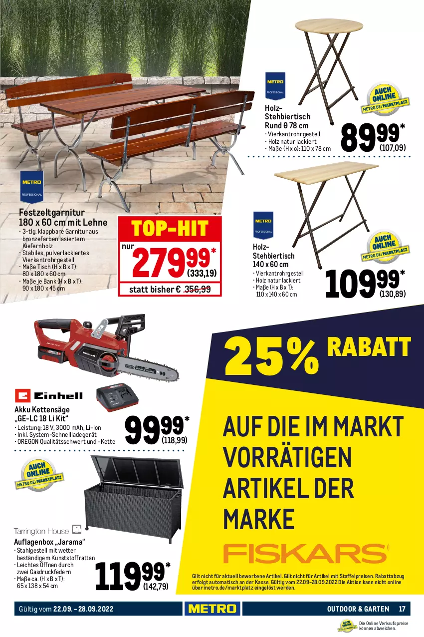 Aktueller Prospekt Metro - NonFood - von 22.09 bis 28.09.2022 - strona 17 - produkty: akku, auflagenbox, auto, Bank, bier, decke, Deckel, edelstahl, eis, erde, garnitur, Garten, gasgrill, grill, grillfläche, grillrost, Holz, Kette, lack, ladegerät, LG, Metro, natur, rama, reis, säge, Schal, Schale, schnellladegerät, steak, Ti, tisch, top-hit, Zelt