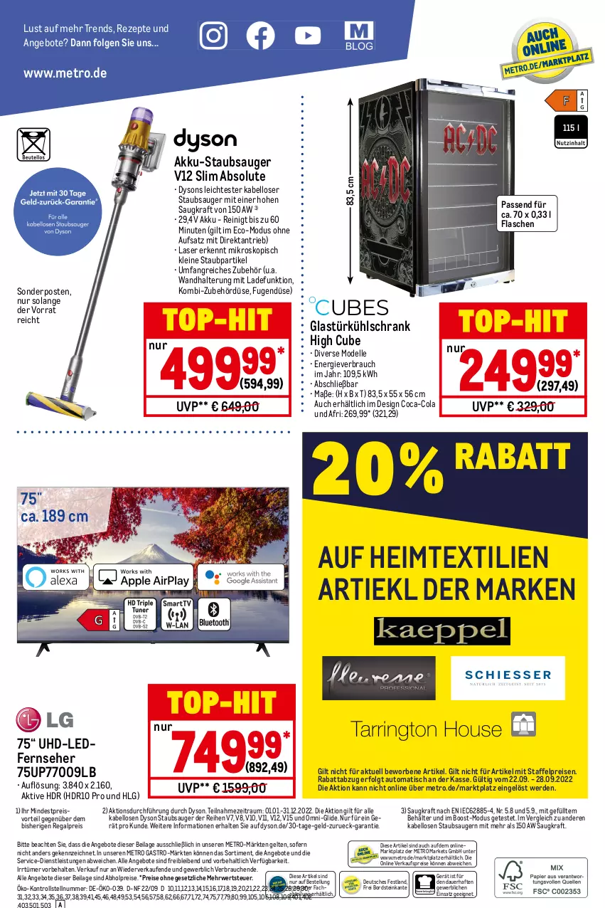 Aktueller Prospekt Metro - NonFood - von 22.09 bis 28.09.2022 - strona 20 - produkty: abholpreise, Abtei, akku, Akku-Staubsauger, angebot, angebote, auer, auto, Behälter, coca-cola, cola, dell, Dyson, eis, elle, erde, fernseher, flasche, Glastür, heimtextilien, ilag, kraft, kühlschrank, leine, LG, Metro, metro gastro, Mode, preisvorteil, Rauch, regal, reis, rezept, rezepte, rwe, Schrank, sonderposten, staubsauger, Ti, tisch, top-hit, uhd, wandhalterung