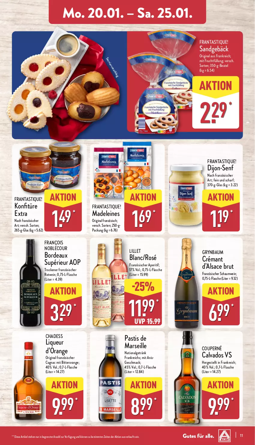 Aktueller Prospekt Aldi Nord - Von Montag - von 20.01 bis 25.01.2025 - strona 11 - produkty: aperitif, asti, Bau, beutel, brut, Cognac, dijon-senf, flasche, frucht, getränk, gin, konfitüre, konfitüre extra, leco, leine, LG, lillet, liqueur, mac, mars, mit frucht, orange, rotwein, sac, senf, Ti, wein, ZTE