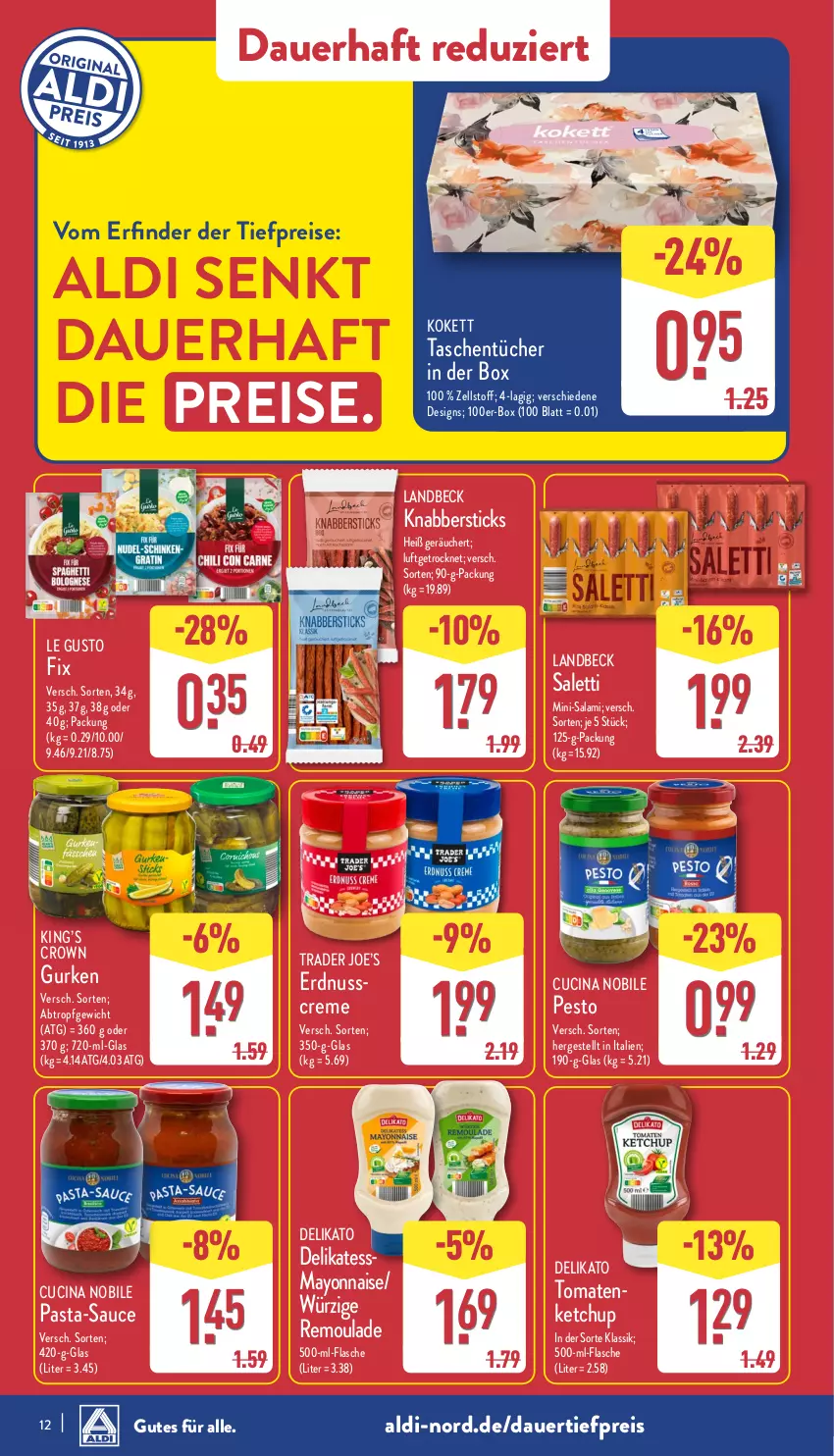 Aktueller Prospekt Aldi Nord - Von Montag - von 20.01 bis 25.01.2025 - strona 12 - produkty: aldi, auer, cin, creme, dauertiefpreis, eis, erdnuss, flasche, gurke, gurken, ketchup, mayonnaise, Mini-Salami, nuss, pasta, pasta-sauce, pesto, reis, remoulade, salami, sauce, Tasche, taschen, Ti, tiefpreis, tomate, tomaten, tücher, Yo