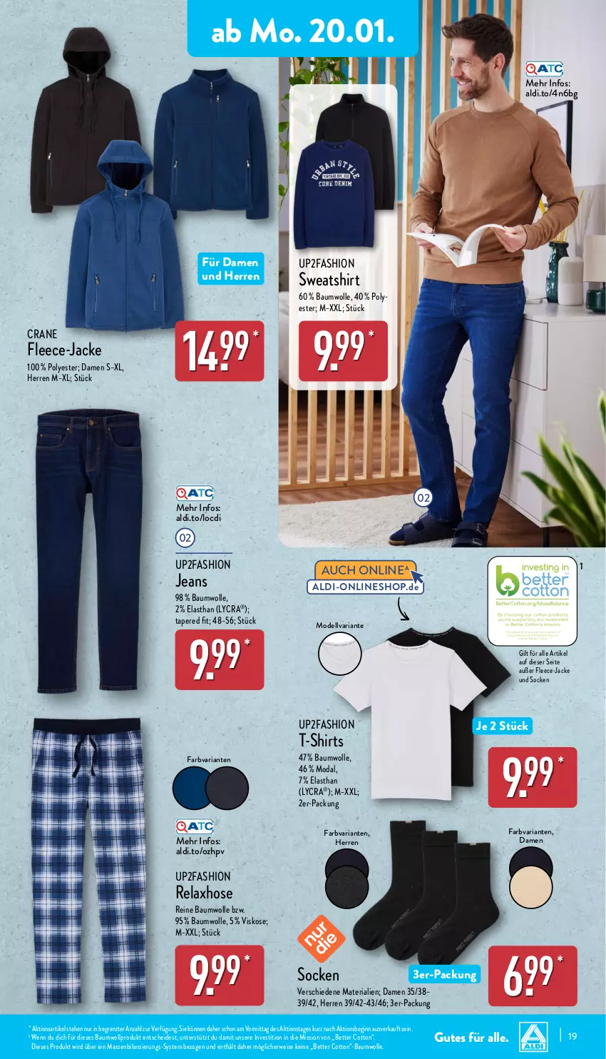 Aktueller Prospekt Aldi Nord - Von Montag - von 20.01 bis 25.01.2025 - strona 19 - produkty: aldi, Bau, baumwolle, bett, dell, eis, gin, hose, HP, Jacke, jeans, Mode, reine baumwolle, rel, Ria, rwe, shirt, shirts, socken, Sweatshirt, T-Shirt, Ti, up2fashion, wolle, ZTE