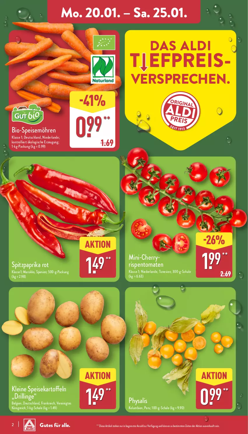 Aktueller Prospekt Aldi Nord - Von Montag - von 20.01 bis 25.01.2025 - strona 2 - produkty: aldi, bio, eis, kartoffel, kartoffeln, leine, LG, möhren, paprika, paprika rot, Physalis, reis, rispentomaten, Schal, Schale, speisekartoffeln, speisemöhren, Spitzpaprika, Ti, tomate, tomaten, trolli, ZTE