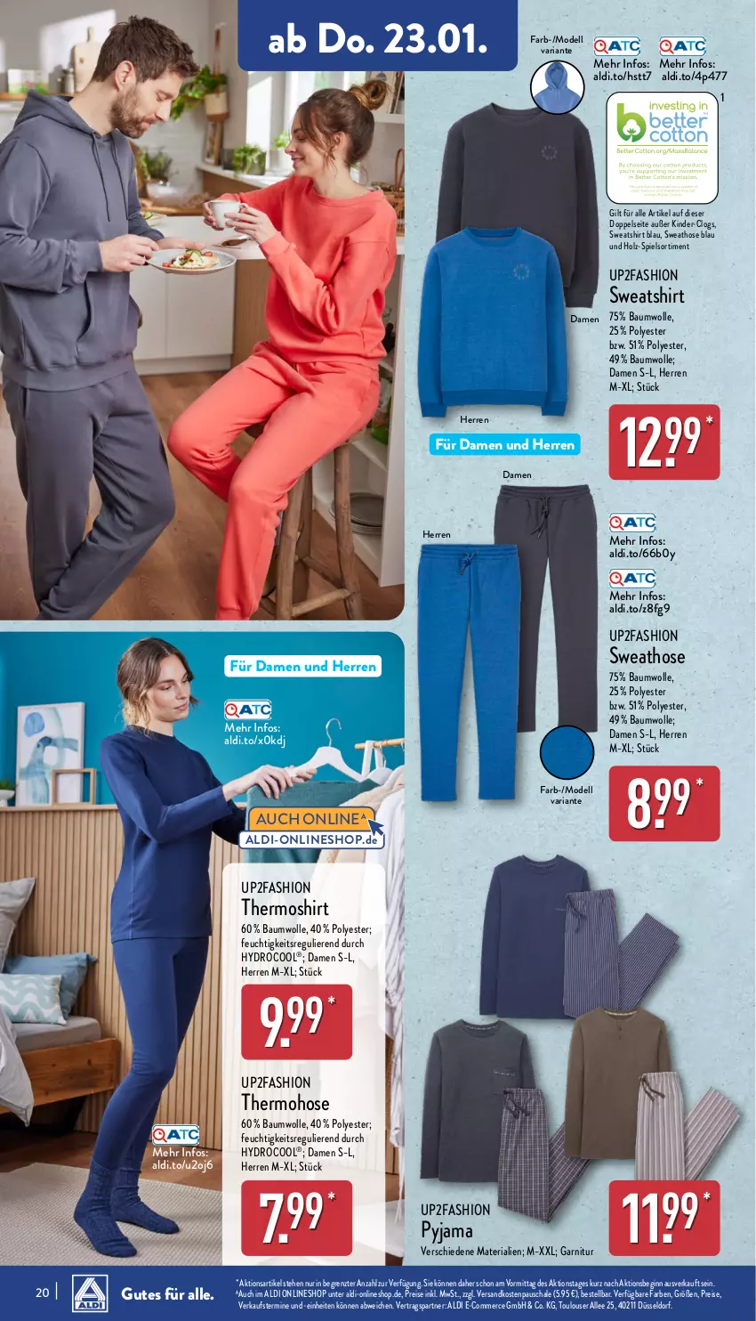 Aktueller Prospekt Aldi Nord - Von Montag - von 20.01 bis 25.01.2025 - strona 20 - produkty: aldi, Bau, baumwolle, Clogs, dell, eis, garnitur, gin, Holz, hose, Kinder, Mode, ndk, Pyjama, reis, Ria, Schal, Schale, shirt, Sweathose, Sweatshirt, Thermoshirt, Ti, up2fashion, wolle, ZTE