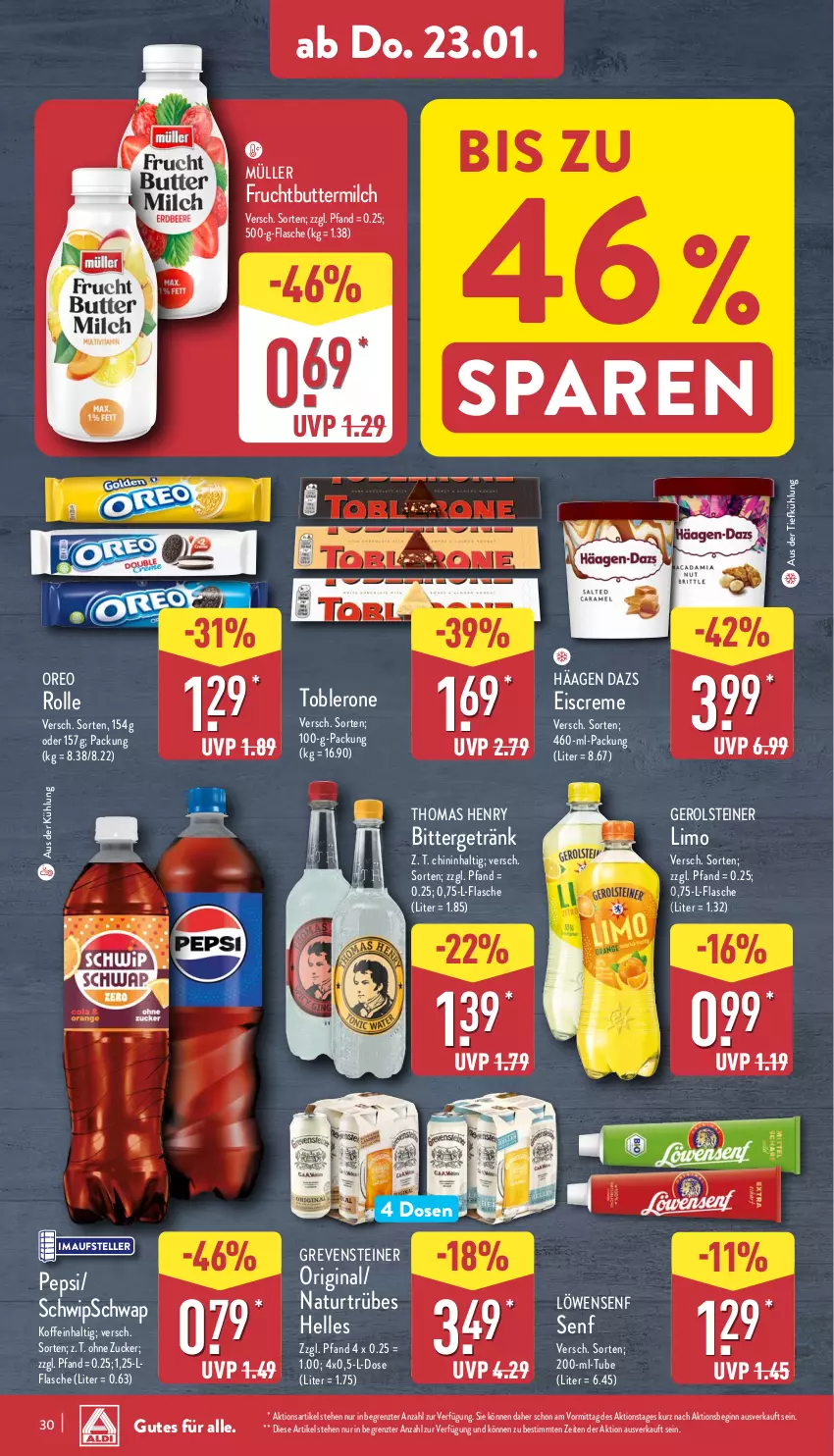 Aktueller Prospekt Aldi Nord - Von Montag - von 20.01 bis 25.01.2025 - strona 30 - produkty: aus der tiefkühlung, butter, creme, eis, eiscreme, elle, flasche, frucht, gerolsteine, gerolsteiner, getränk, gin, grevensteiner, limo, löwensenf, milch, Müller, natur, oreo, pepsi, senf, steiner, teller, thomas henry, Ti, toblerone, ZTE, zucker