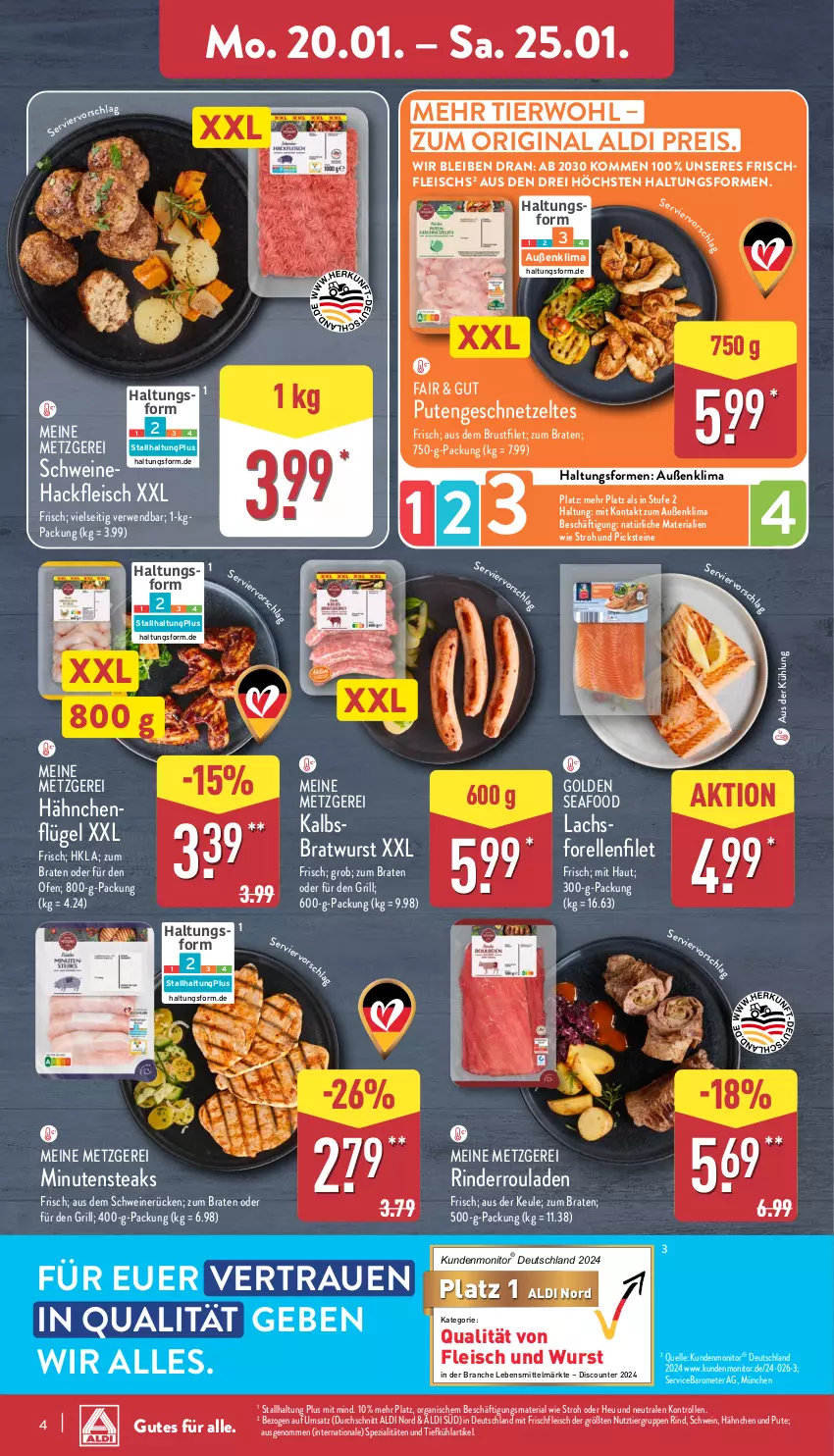 Aktueller Prospekt Aldi Nord - Von Montag - von 20.01 bis 25.01.2025 - strona 4 - produkty: aldi, braten, bratwurst, brustfilet, discount, eis, elle, filet, fleisch, forelle, geschnetzeltes, gin, grill, hackfleisch, Heu, Kalbsbratwurst, lachs, lebensmittel, monitor, Ofen, pute, Putengeschnetzeltes, reis, rel, Ria, rind, rinder, rouladen, rwe, schwein, schweine, Schweinehackfleisch, Spezi, steak, steaks, Ti, wein, weine, wurst, Zelt