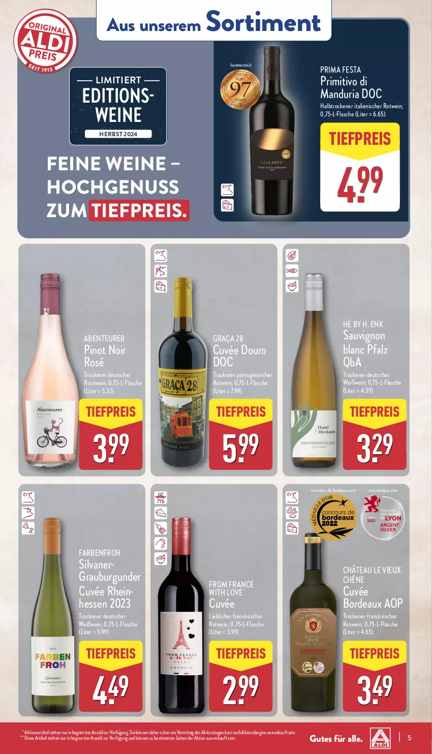 Aktueller Prospekt Aldi Nord - Von Montag - von 20.01 bis 25.01.2025 - strona 5 - produkty: amaro, burgunder, cuvée, eis, ente, flasche, gin, grauburgunder, nuss, Pinot, pinot noir, primitivo, reis, Ria, roséwein, rotwein, sauvignon, sauvignon blanc, silvaner, Ti, tiefpreis, wein, weine, Weißwein, Yo, ZTE