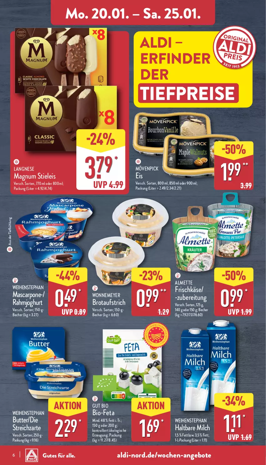 Aktueller Prospekt Aldi Nord - Von Montag - von 20.01 bis 25.01.2025 - strona 6 - produkty: aldi, almette, angebot, angebote, aufstrich, aus der tiefkühlung, Becher, bio, Bio-Feta, brot, brotaufstrich, butter, eis, feta, frischkäse, haltbare milch, joghur, joghurt, Käse, langnese, magnum, mascarpone, Mett, milch, mövenpick, rahmjoghurt, reis, stieleis, Streichzart, Ti, tiefpreis, trolli, weihenstephan