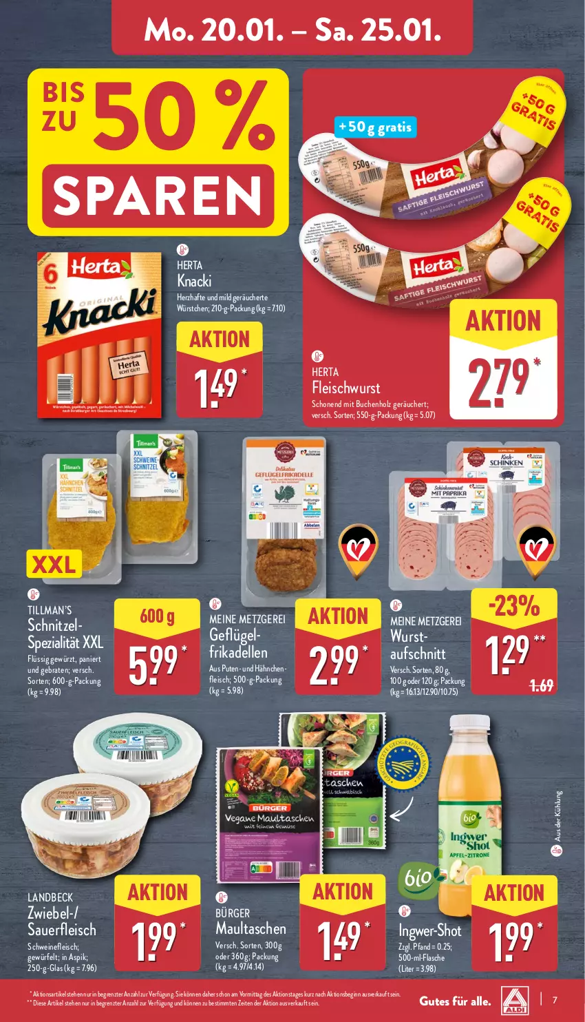 Aktueller Prospekt Aldi Nord - Von Montag - von 20.01 bis 25.01.2025 - strona 7 - produkty: auer, aufschnitt, braten, buch, dell, eis, elle, flasche, fleisch, fleischwurst, frikadellen, Geflügel, gewürz, gin, herta, Holz, ingwer, maultaschen, pute, schnitzel, schwein, schweine, schweinefleisch, Spezi, Tasche, taschen, Ti, wein, weine, würfel, wurst, würstchen, ZTE, zwiebel