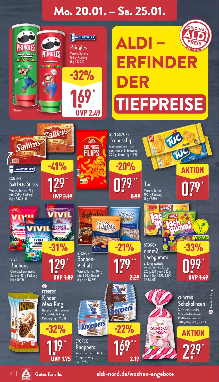 Aktueller Prospekt Aldi Nord - Von Montag - von 20.01 bis 25.01.2025 - strona 8 - produkty: aldi, angebot, angebote, beutel, bonbons, creme, eis, elle, erdnuss, erdnüsse, erdnüssen, ferrero, haselnuss, Kinder, Kinder Maxi, kinder maxi king, knoppers, lachgummi, linsen, lorenz, mais, Mantel, milch, nimm2, nintendo, nuss, pfeffer, pringles, reis, ring, saltletts, schoko, schokolade, schokoladen, Schokolinsen, snack, snacks, Spezi, storck, Sun Snacks, teller, Ti, tiefpreis, tuc, Vegeta, zucker