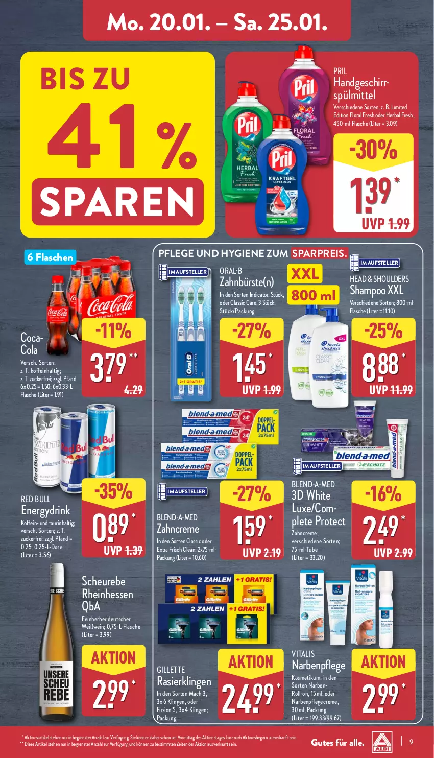 Aktueller Prospekt Aldi Nord - Von Montag - von 20.01 bis 25.01.2025 - strona 9 - produkty: blend-a-med, bürste, cola, creme, drink, eis, elle, flasche, geschirr, gillette, gin, Heu, kosmetik, mac, oral-b, Pflegecreme, pril, Rasierklinge, rasierklingen, red bull, reis, roll-on, shampoo, spülmittel, teller, Ti, vita, vitalis, wein, Weißwein, zahnbürste, zahncreme, ZTE, zucker