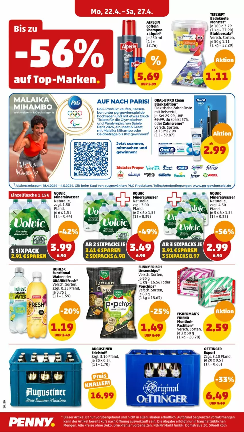 Aktueller Prospekt Penny - Prospekte - von 22.04 bis 27.04.2024 - strona 10 - produkty: alpecin, Alwa, Always, asti, Bad, bürste, chips, Cien, cin, coffein, creme, eis, elektrische zahnbürste, elle, febreze, Funny Frisch, gewinnspiel, granini, Hohes C, lack, linsen, mac, mineralwasser, monster, natur, oettinger, oral-b, oralb, pampers, reis, rel, salz, shampoo, Spiele, Ti, wasser, zahnbürste, zahncreme