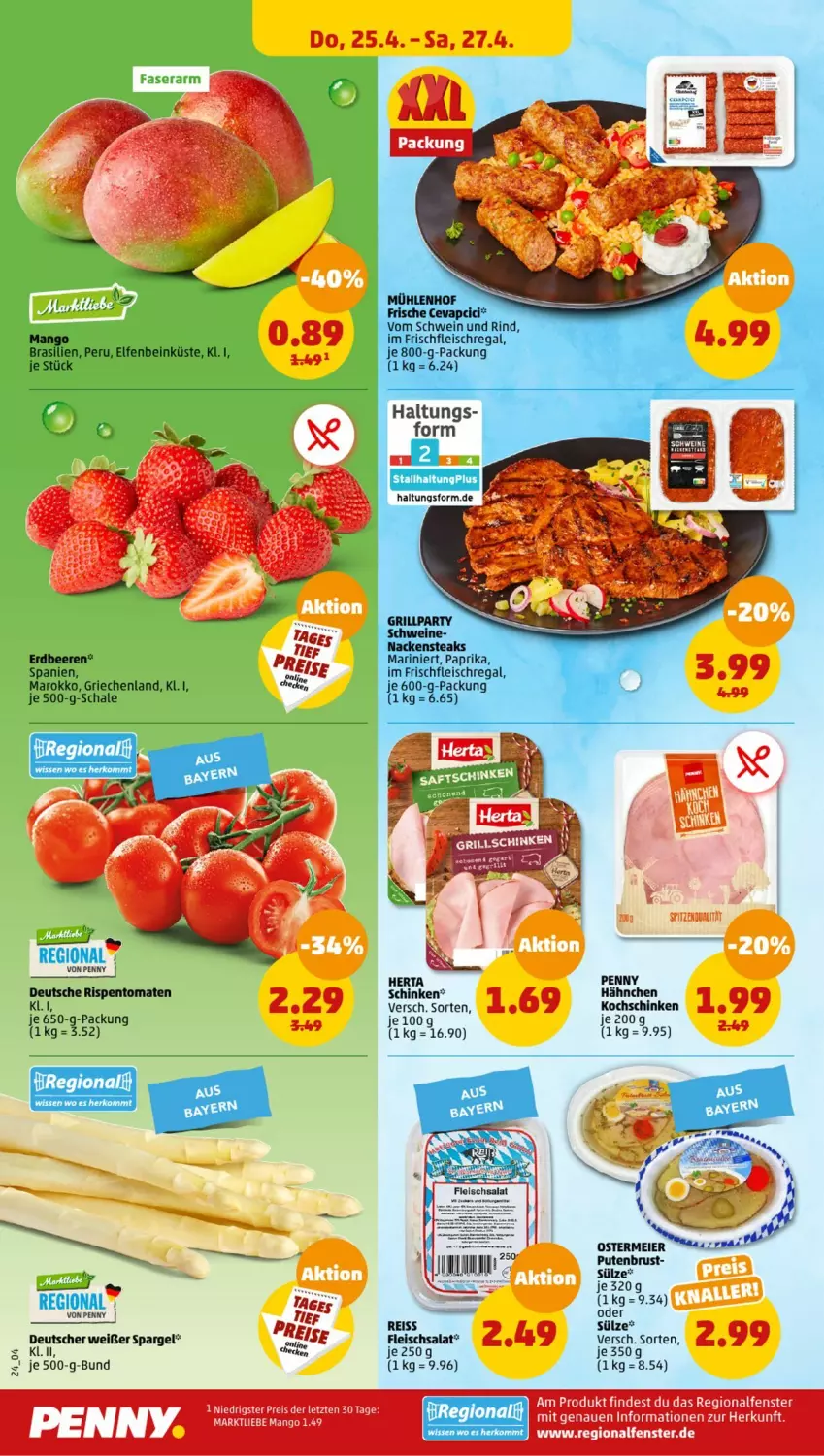 Aktueller Prospekt Penny - Prospekte - von 22.04 bis 27.04.2024 - strona 24 - produkty: beere, beeren, eier, eis, erdbeere, erdbeeren, fenster, fleisch, fleischsalat, grill, herta, mango, Nackensteak, nackensteaks, paprika, pute, putenbrust, regal, reis, rind, rispentomaten, salat, Schal, Schale, schinken, schwein, schwein und rind, schweine, spargel, spitzenqualität, steak, steaks, Ti, tomate, tomaten, vom schwein und rind, wein, weine, ZTE