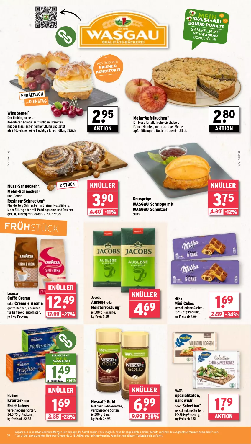 Aktueller Prospekt Wasgau - von 20.01 bis 25.01.2025 - strona 10 - produkty: angebot, apfel, Apfelkuchen, auto, beutel, bohne, bohnen, bohnenkaffee, brandt, butter, caffè crema, creme, eis, frucht, früchte, Früchtetee, Hefe, jacobs, kaffee, kaffeevollautomat, kaffeevollautomaten, kirsch, kräuter, kuchen, lavazza, löslicher bohnenkaffee, Meister, meisterröstung, Meßmer, milka, mit frucht, Nescafé, nescafé gold, nuss, Plunder, pudding, reis, rwe, sahne, sandwich, schnitzel, Spezi, tee, Ti, tomate, tomaten, vollautomaten, wasa, Windbeutel