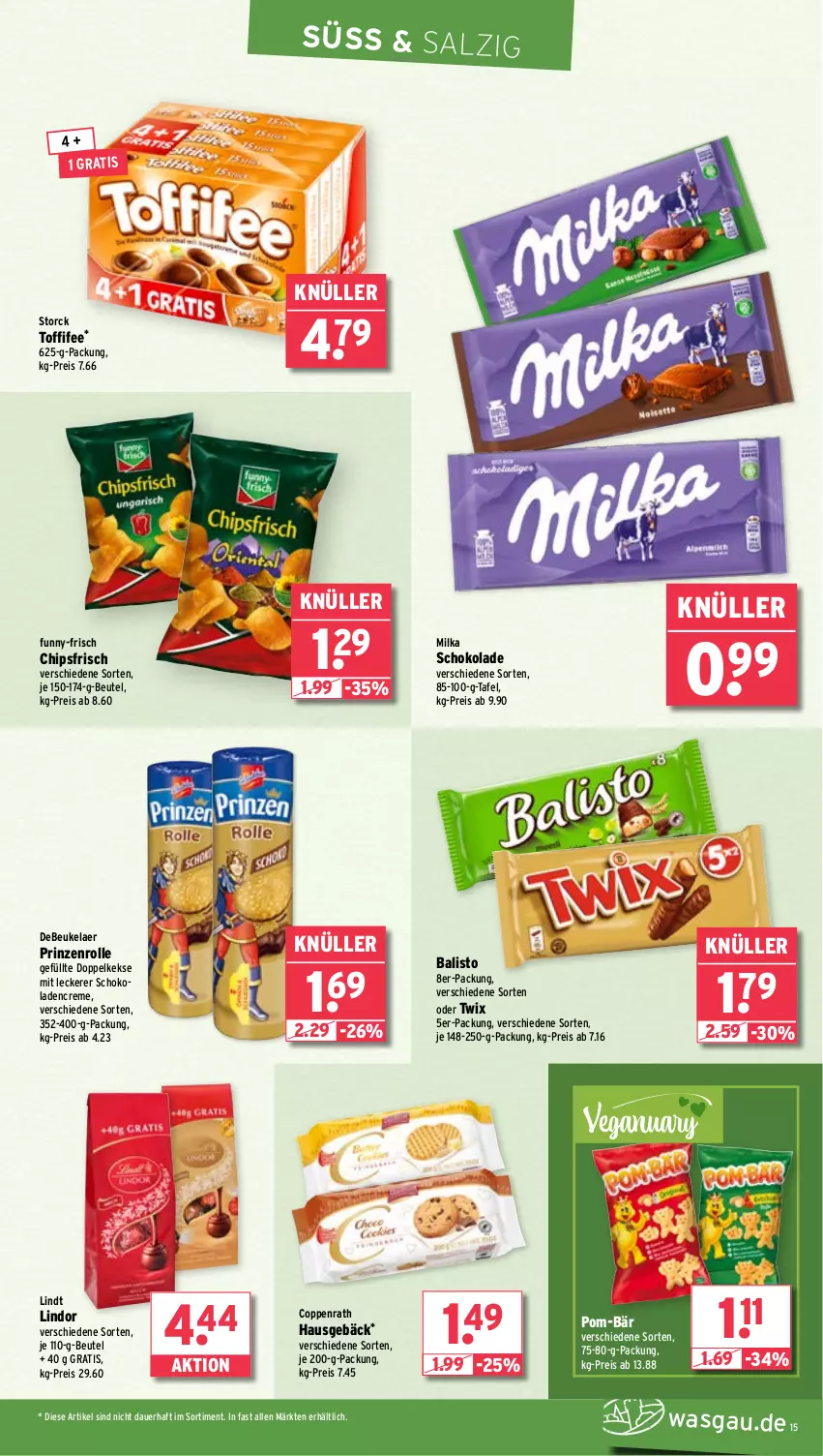 Aktueller Prospekt Wasgau - von 20.01 bis 25.01.2025 - strona 15 - produkty: auer, balisto, beutel, chips, chipsfrisch, coppenrath, creme, debeukelaer, Doppelkekse, eis, funny-frisch, keks, kekse, lindor, lindt, milka, milka schokolade, oder twix, pom-bär, prinzenrolle, reis, salz, schoko, schokolade, schokoladen, storck, Ti, toffifee, twix