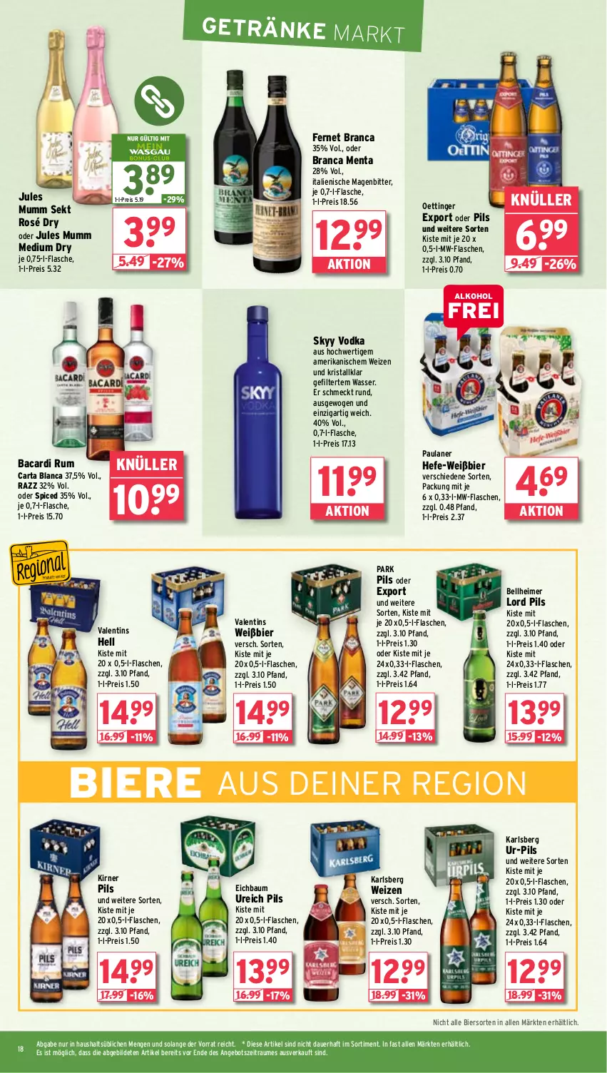 Aktueller Prospekt Wasgau - von 20.01 bis 25.01.2025 - strona 18 - produkty: alkohol, angebot, auer, bacardi, bacardi rum, Bau, bier, Biere, eimer, eis, Fernet, fernet branca, flasche, getränk, getränke, Hefe, jules mumm, karlsberg, mumm, mw-flasche, oettinger, Paula, paulaner, pils, reis, rum, sekt, skyy, Skyy Vodka, Ti, vodka, wasser