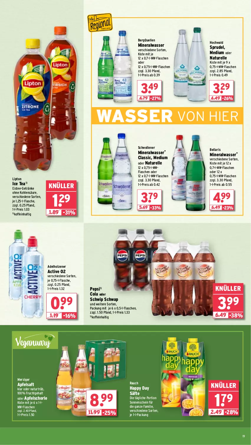 Aktueller Prospekt Wasgau - von 20.01 bis 25.01.2025 - strona 19 - produkty: adelholzener, Alwa, apfel, apfelsaft, Apfelschorle, cola, eis, eistee, elle, flasche, frucht, getränk, getränke, Happy Day, hochwald, Holz, ice tea, lipton, lipton ice tea, mineralwasser, mw-flasche, natur, pepsi, Rauch, reis, rel, saft, säfte, schorle, Schwip Schwap, Sprudel, tee, Ti, wasser, wolle