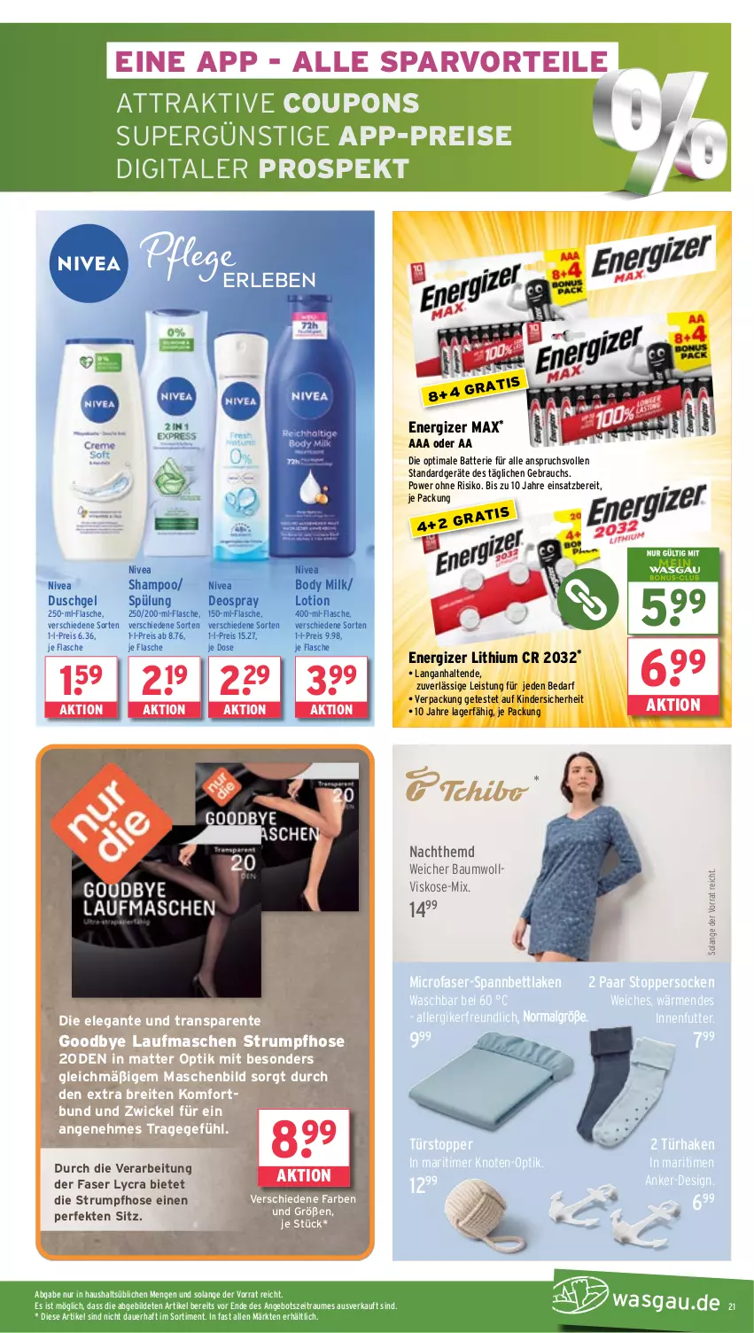 Aktueller Prospekt Wasgau - von 20.01 bis 25.01.2025 - strona 21 - produkty: angebot, auer, batterie, Bau, bett, body, body milk, Brei, coupon, coupons, deo, deospray, duschgel, eis, energizer, ente, flasche, hemd, hose, Kinder, LG, Lotion, Nachthemd, nivea, Rauch, reis, rum, shampoo, socken, spannbettlaken, spülung, Strumpfhose, Ti, timer, topper, türstopper, WICK