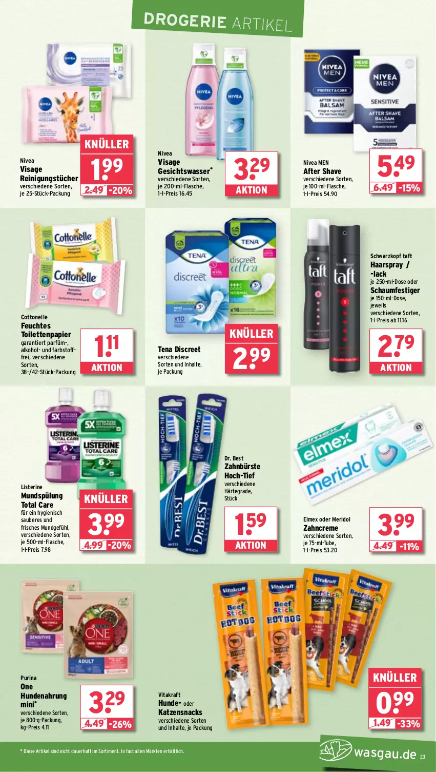 Aktueller Prospekt Wasgau - von 20.01 bis 25.01.2025 - strona 23 - produkty: after shave, alkohol, auer, bürste, cottonelle, creme, Discreet, Dr. Best, eis, elle, elmex, feuchtes toilettenpapier, flasche, Gesichtswasser, haarspray, hundenahrung, je 500-ml-flasche, katzensnack, katzensnacks, kraft, lack, listerine, meridol, mundspülung, nivea, Nivea Men, oder schaumfestiger, papier, purina, Reinigung, reinigungstücher, reis, schaumfestiger, schwarzkop, schwarzkopf, snack, snacks, spülung, Taft, Ti, toilettenpapier, total care, tücher, vita, vitakraft, wasser, zahnbürste, zahncreme