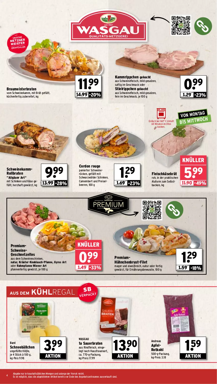 Aktueller Prospekt Wasgau - von 20.01 bis 25.01.2025 - strona 4 - produkty: angebot, apfel, auer, beere, beeren, braten, camembert, eis, filet, fleisch, fleischkäse, geschnetzeltes, gewürz, gyros, hähnchenbrust, Käse, knoblauch, kräuter, küche, Küchen, kühlregal, LG, mac, Meister, natur, Ofen, pfanne, pfannen, regal, reis, rind, rindfleisch, rollbraten, rotkohl, rouge, saft, salz, schinken, schwarzwälder schinken, schwein, schweine, schweinefleisch, schweinerücken, Ti, tisch, wein, weine, wiener, Zelt