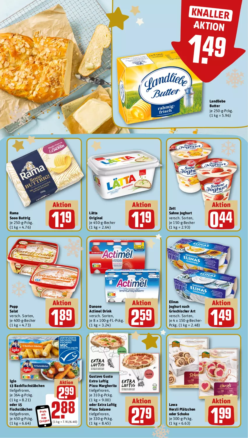 Aktueller Prospekt Rewe - Prospekte - von 27.11 bis 02.12.2023 - strona 10 - produkty: actimel, actimel drink, backfisch, Becher, butter, coupon, danone, danone actimel drink, drink, eis, elinas, elinas joghurt, fisch, fischstäbchen, gin, iglo, joghur, joghurt, joghurt nach, landliebe, lätta, Lätzche, margherita, pizza, pizza salame, Popp, rama, reis, sahne, sahne joghurt, salat, schoko, Ti, zott