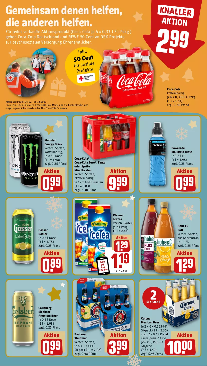 Aktueller Prospekt Rewe - Prospekte - von 27.11 bis 02.12.2023 - strona 12 - produkty: bier, carlsberg, coca-cola, cola, corona, coupon, drink, eis, energy drink, fanta, fanta oder, fanta oder sprite, flasche, gösser, Hohes C, monster, Monster Energy, oder sprite, Paula, paulaner, pfanne, Pfanner, radler, reis, saft, sprite, Ti