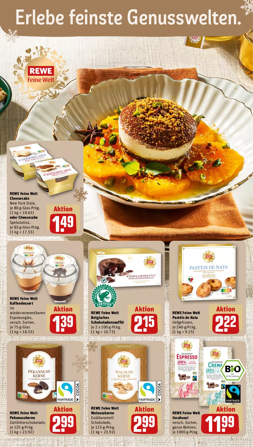 Aktueller Prospekt Rewe - Prospekte - von 27.11 bis 02.12.2023 - strona 14 - produkty: bohne, bohnen, cheesecake, dessert, espresso, kaffee, karamell, LG, nuss, rewe feine welt, rwe, schoko, schokolade, schokoladen, Ti, walnuss, walnusskerne, Yo, Zartbitterschokolade